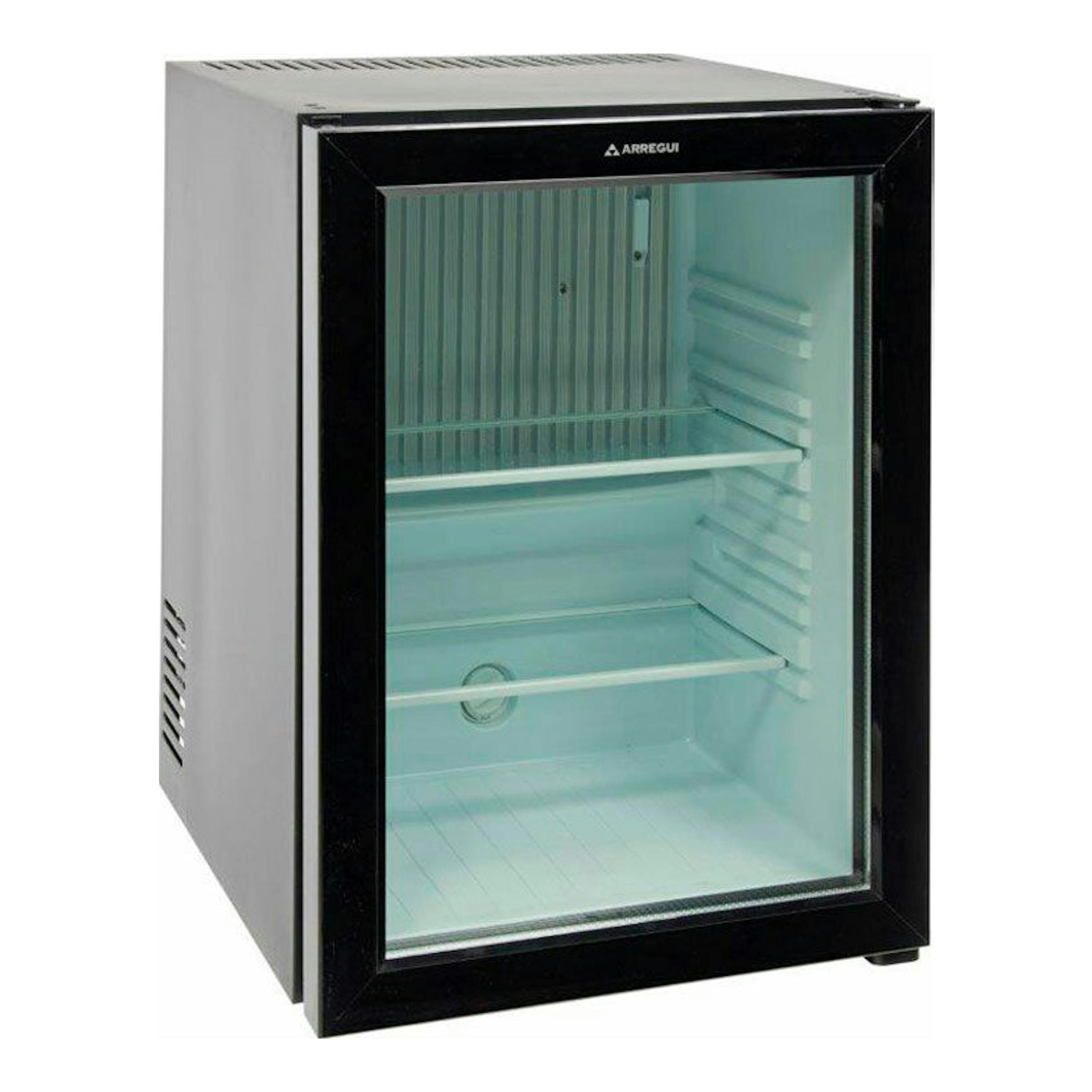 Minibar de absorción Arregui MBA401N2112 negro, vista frontal en ángulo, con puerta de vidrio e interior vacío.