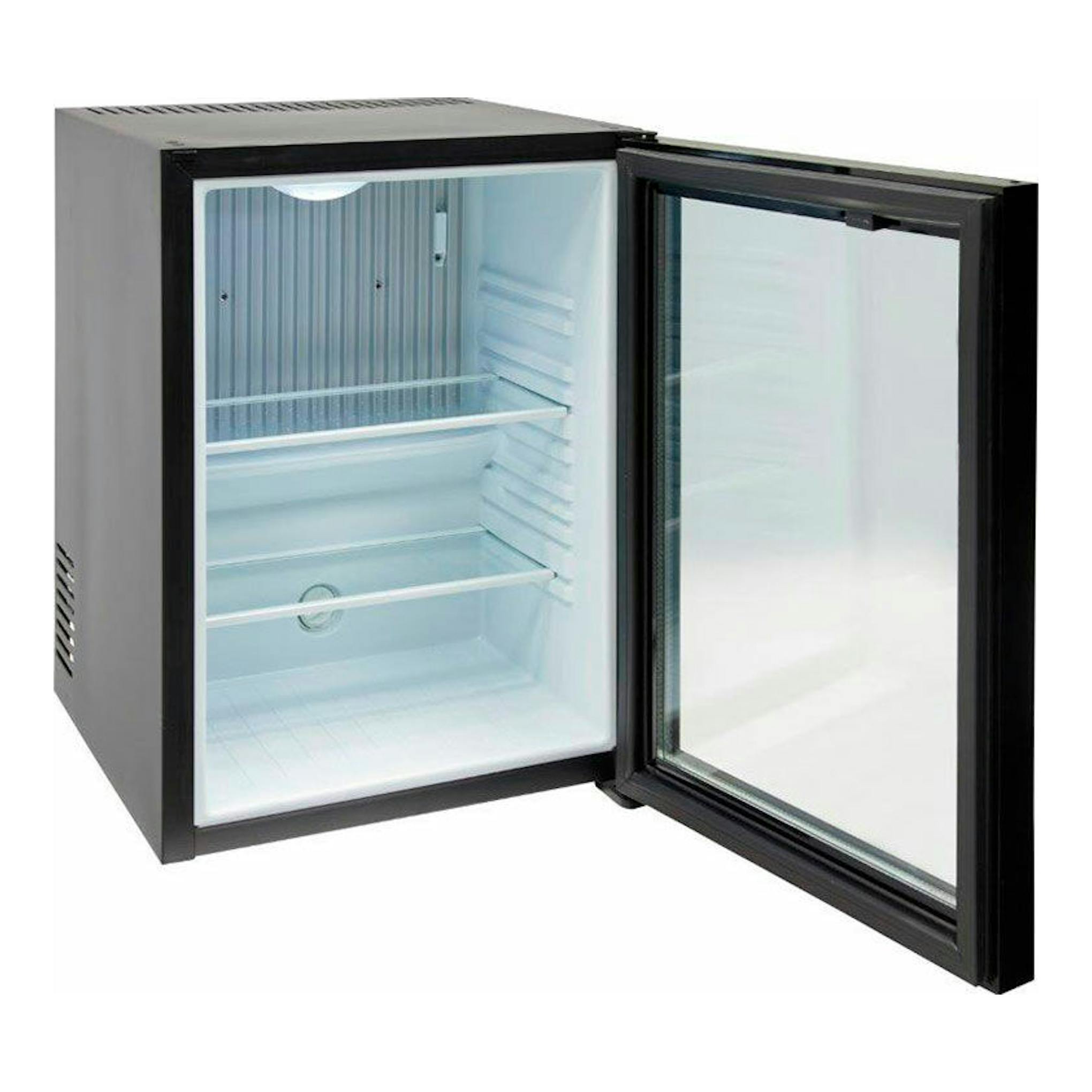 Minibar Arregui MBA401N2112 negro, vista frontal en ángulo, puerta abierta, interior blanco.