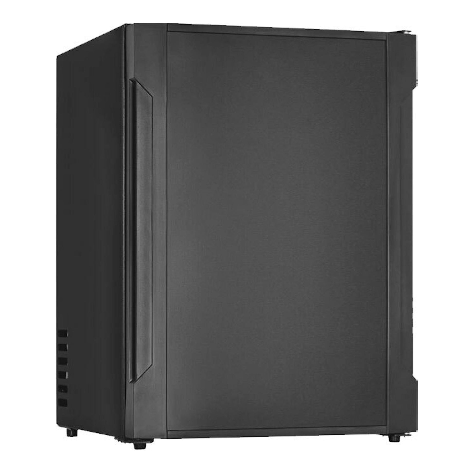 Minibar Exquisit FA40-271G negro, vista frontal en ángulo, con puerta lisa.