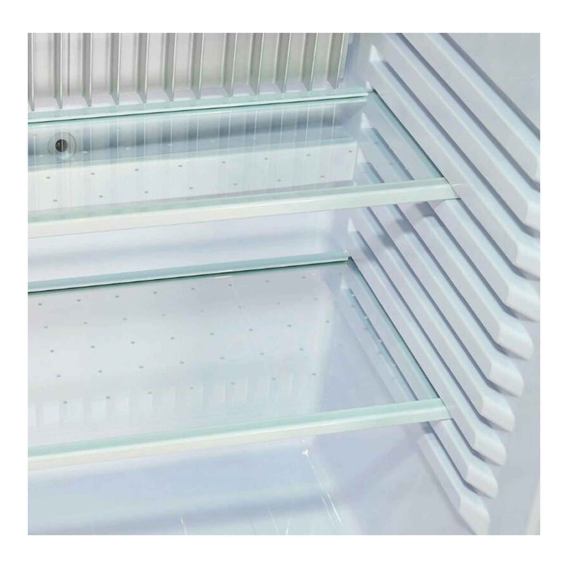 Interior de minibar Exquisit FA40-271G negro, con baldas de vidrio y paredes laterales blancas.
