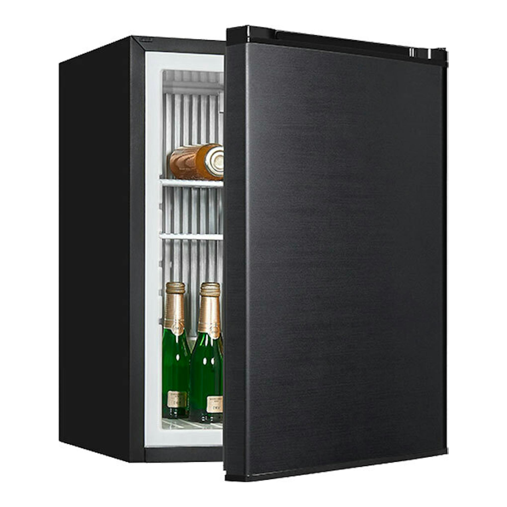 Minibar Exquisit FA60-260G negro, vista frontal en tres cuartos, con la puerta abierta y botellas dentro.