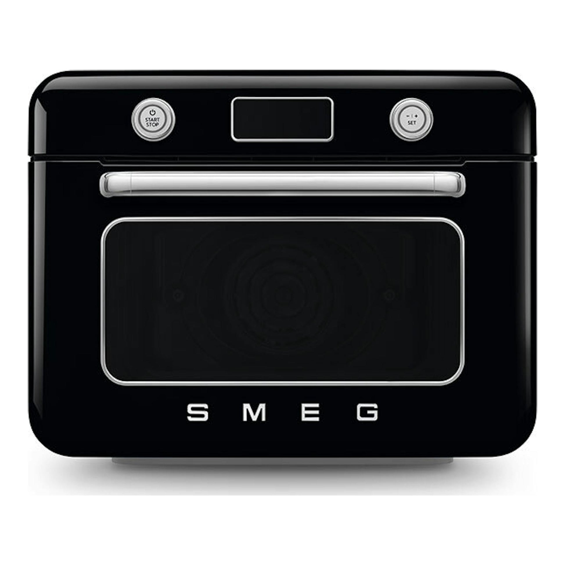 Minihorno Smeg COF01BLEU negro, vista frontal, con puerta de cristal y mandos plateados.
