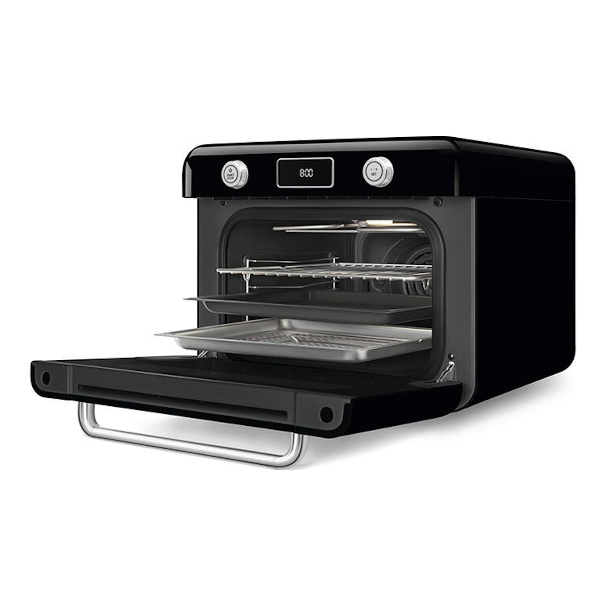 Minihorno Smeg COF01BLEU negro, vista frontal en ángulo, con la puerta abatible abierta.