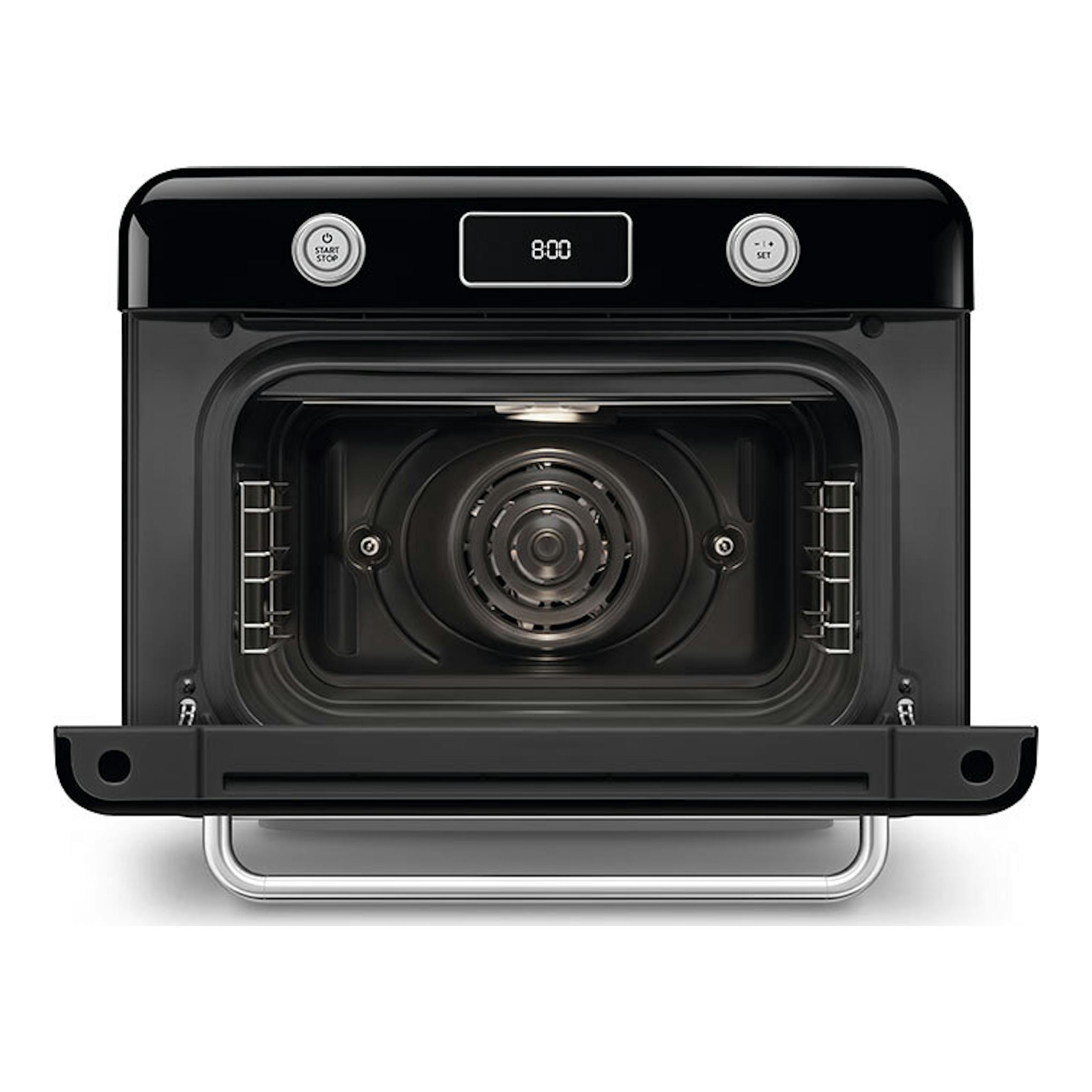 Minihorno Smeg COF01BLEU negro, vista frontal con puerta abatida y panel digital.