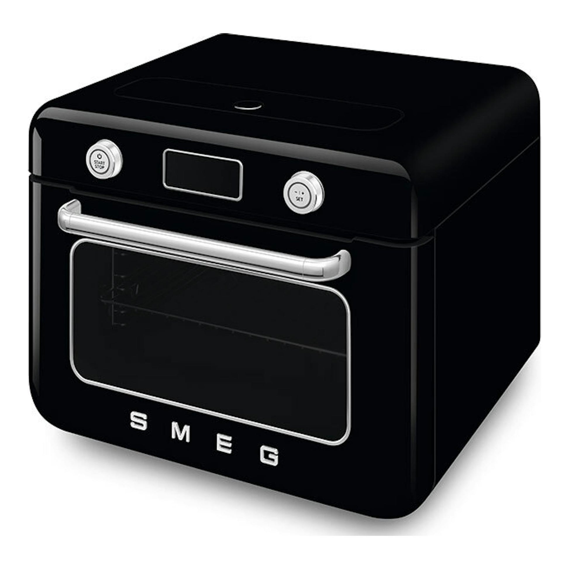 Minihorno Smeg COF01BLEU negro, vista frontal en ángulo, con puerta de vidrio y mandos plateados.