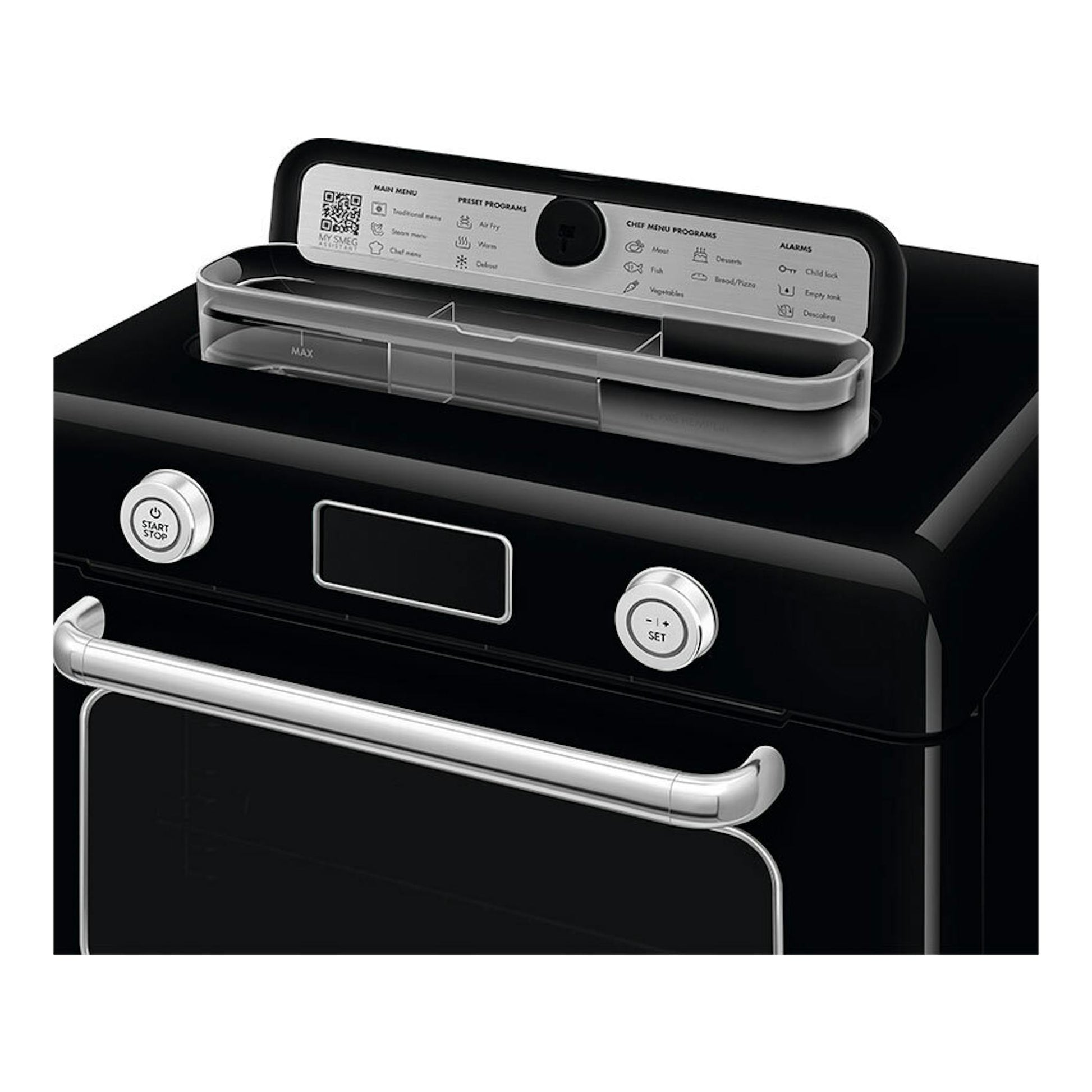 Minihorno Smeg COF01BLEU negro, vista frontal inclinada, con panel digital, mandos y puerta de vidrio.