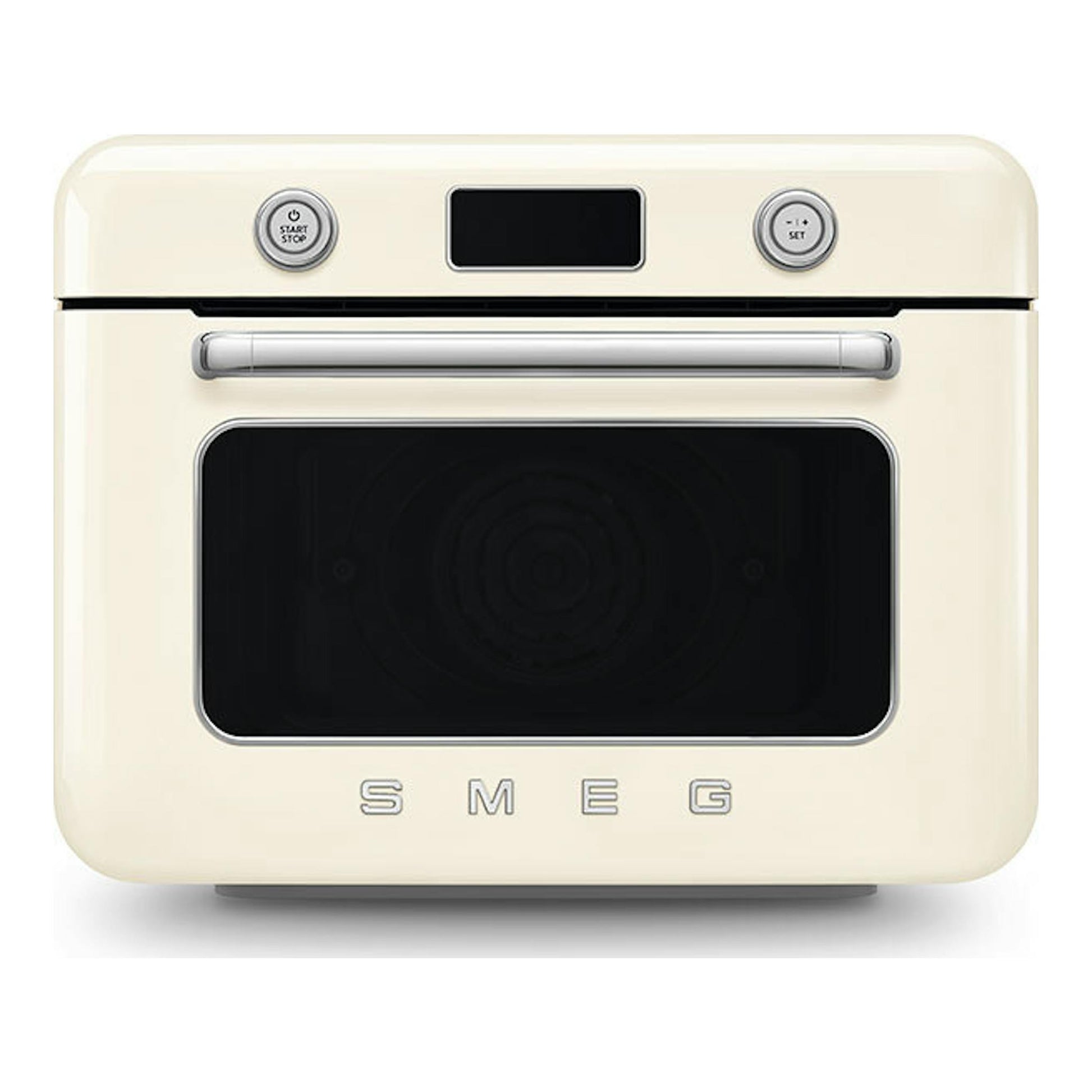 Minihorno Smeg COF01CREU crema, vista frontal, con puerta negra y controles superiores.
