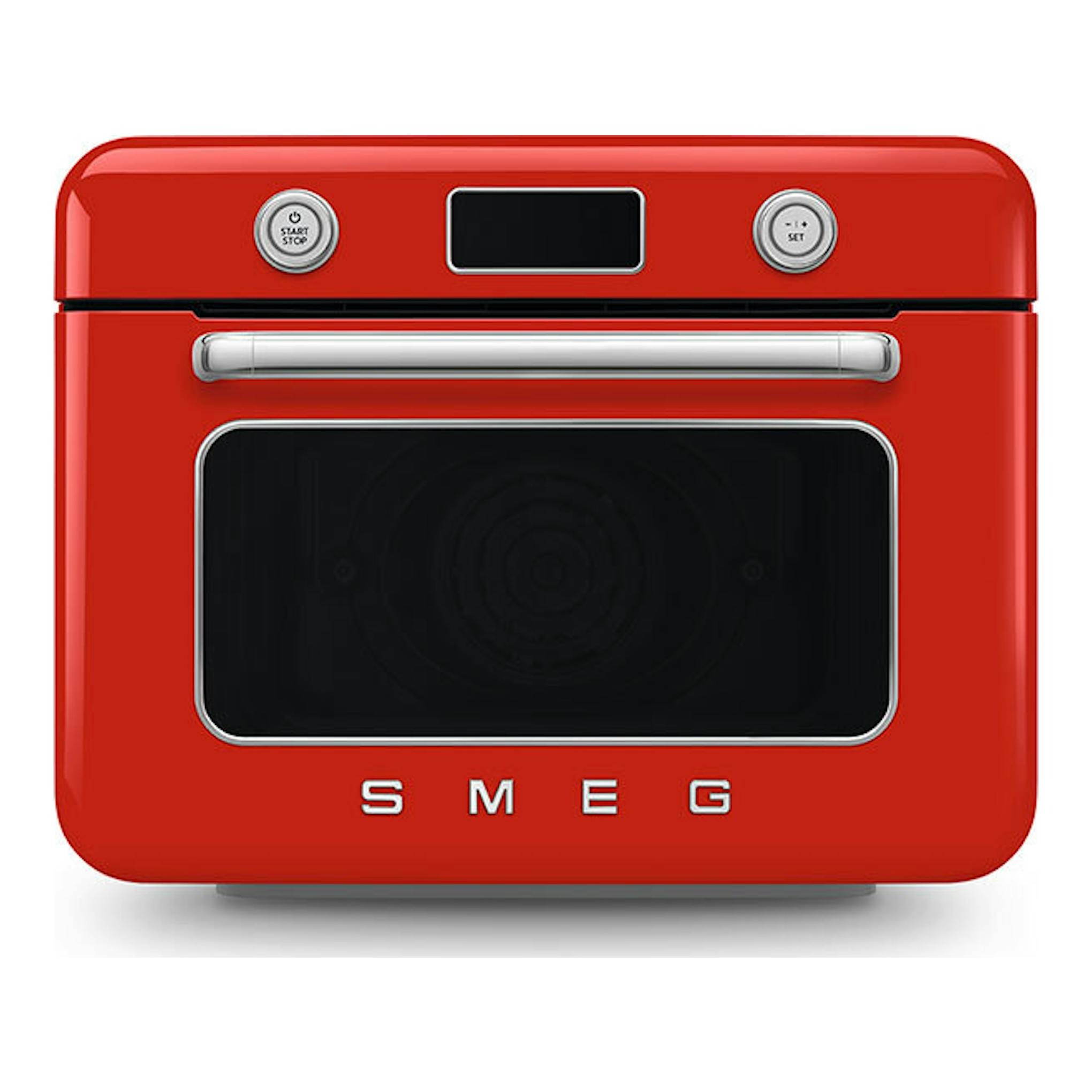 Minihorno Smeg COF01RDEU rojo, vista frontal, con puerta de vidrio y panel de controles superior.