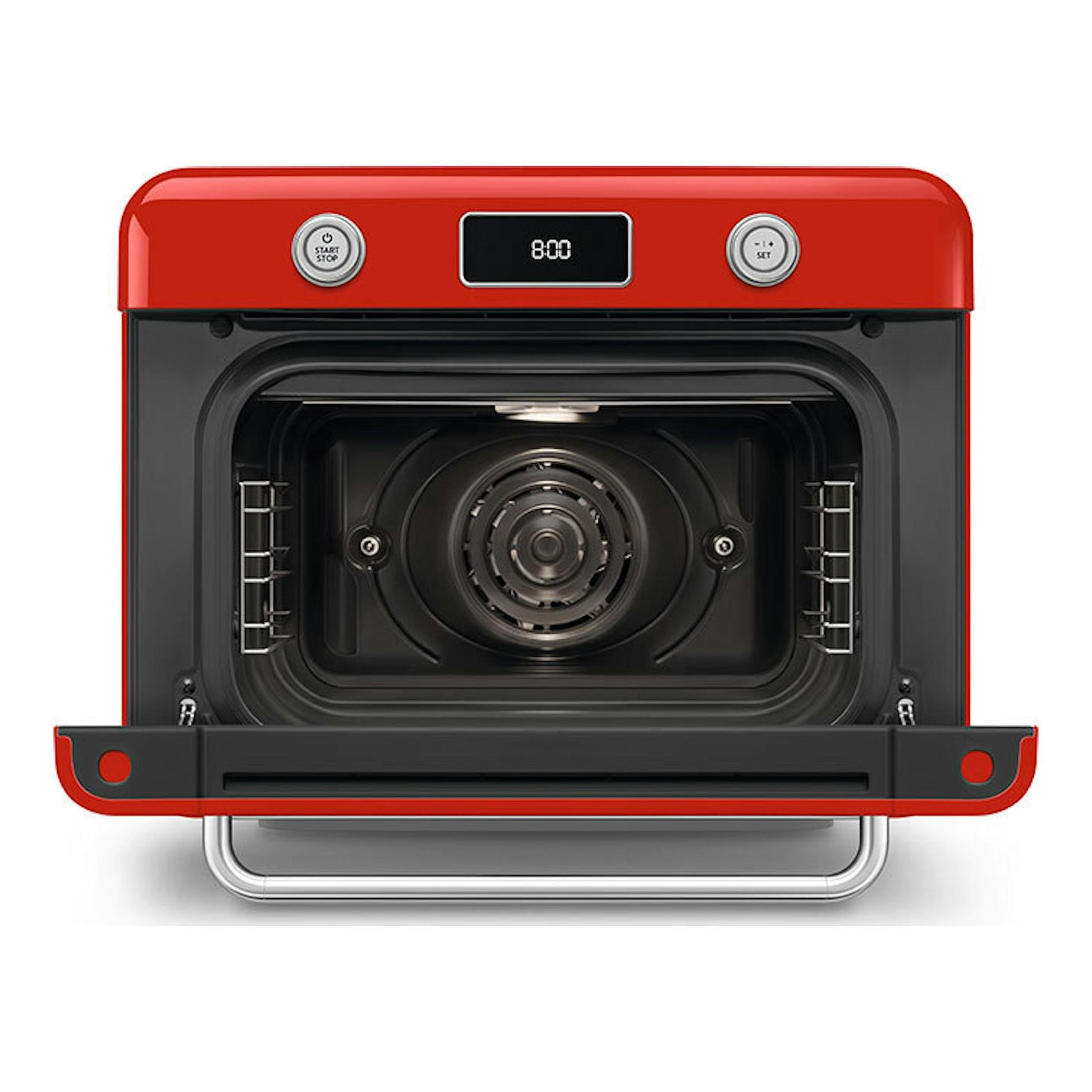 Minihorno Smeg COF01RDEU rojo, vista frontal con puerta abierta e interior visible.