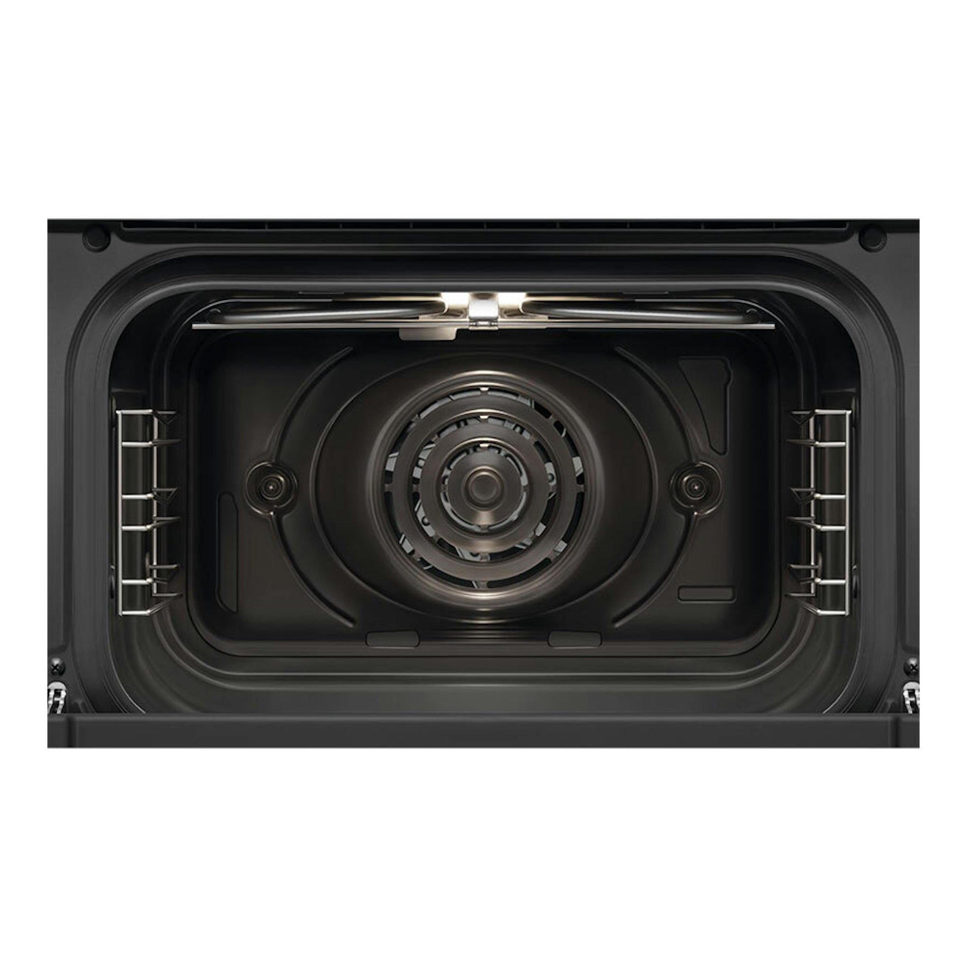 Interior de minihorno Smeg COF01RDEU, vista frontal, cavidad negra con ventilador central y resistencias laterales.