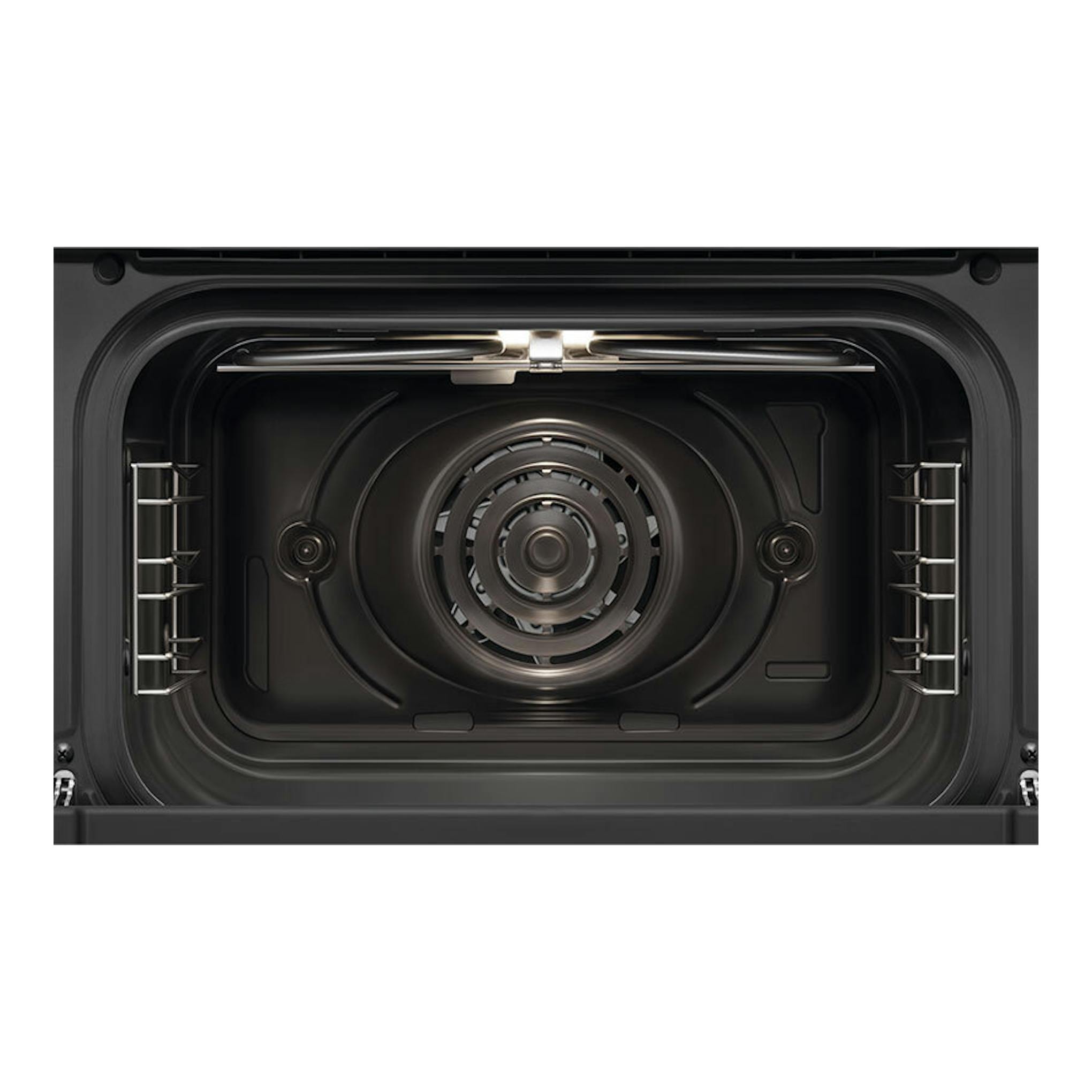Interior de minihorno Smeg COF01RDEU, vista frontal, cavidad negra con ventilador central y resistencias laterales.