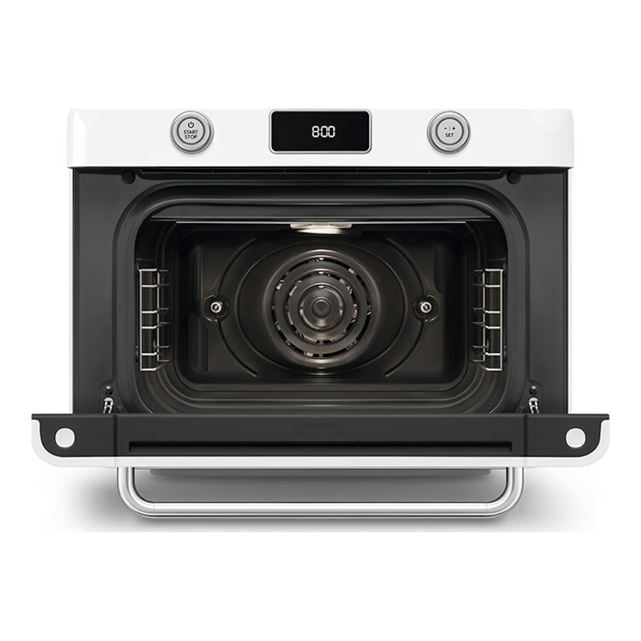 Minihorno Smeg COF01WHEU blanco, vista frontal, puerta abierta e interior negro.