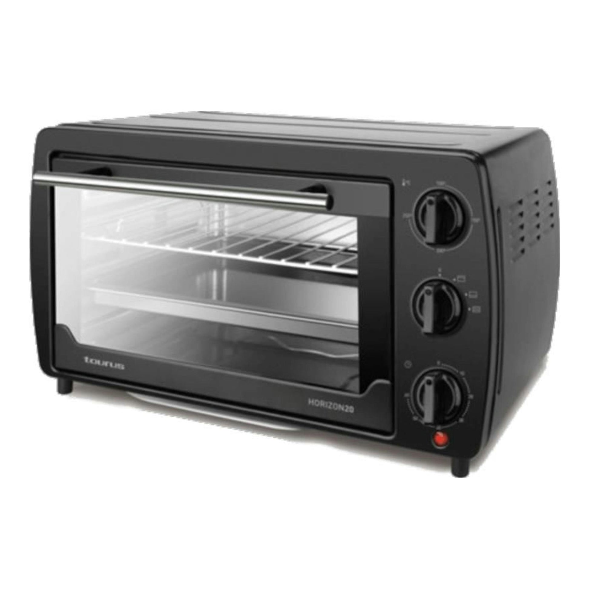 Minihorno negro Taurus Horizon 20, vista frontal en ángulo, con puerta de vidrio y tres mandos.
