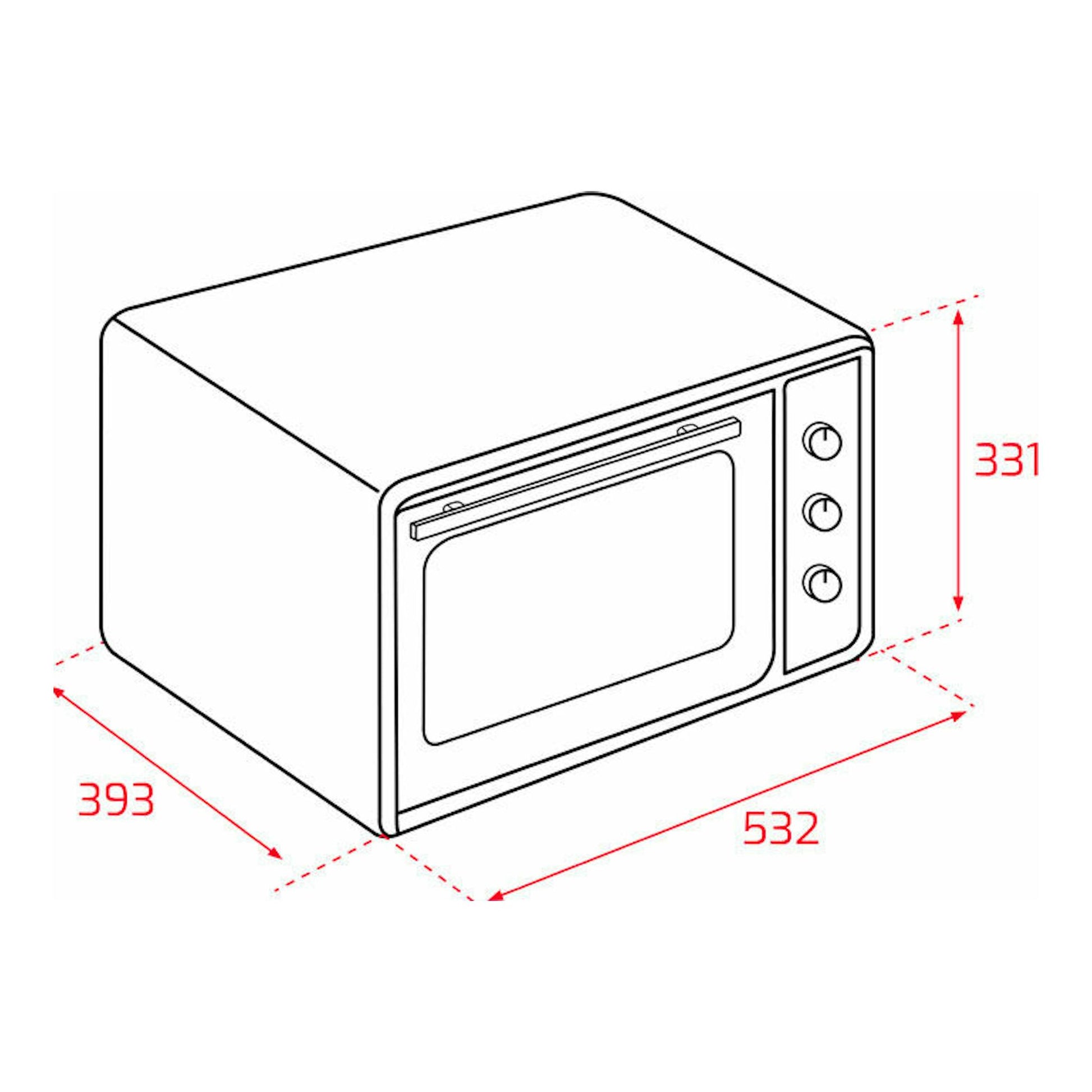 Minihorno Teka FSO424GR en vista isométrica, blanco y negro, con puerta frontal y tres mandos laterales.