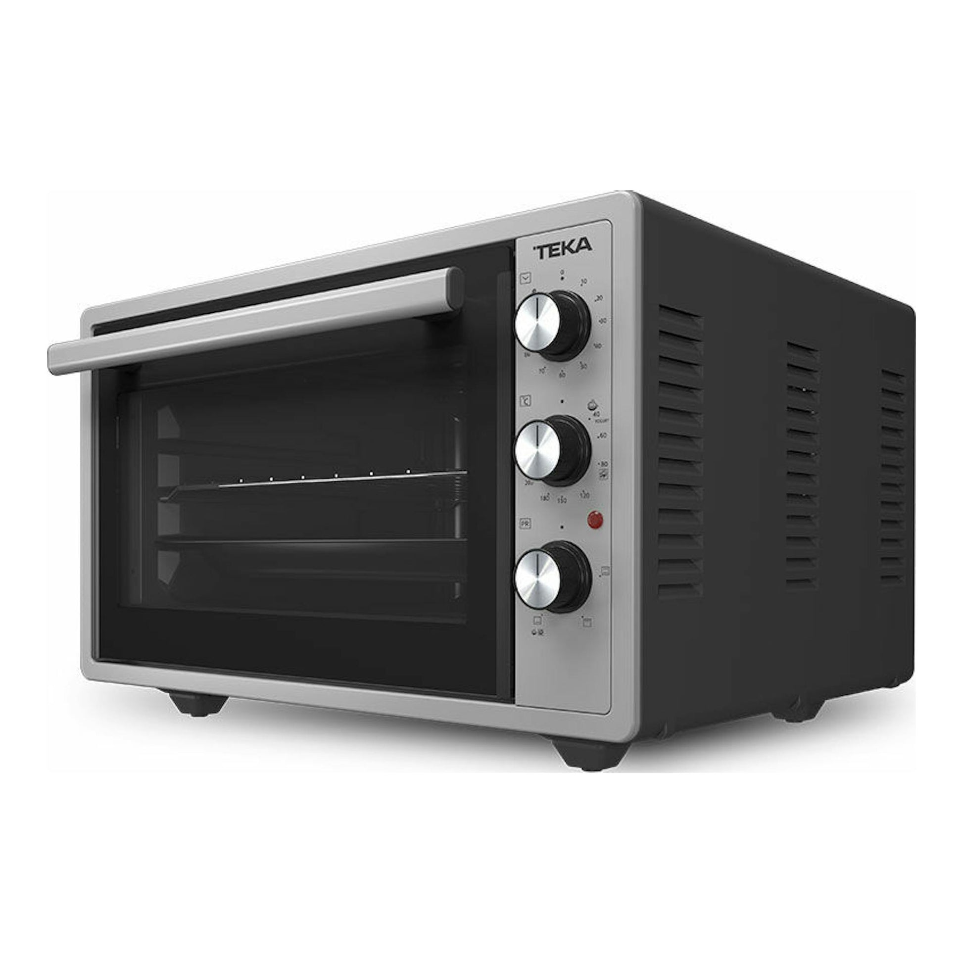 Minihorno Teka FSO424GR negro con frontal plateado, tres mandos y vista frontal en ángulo.
