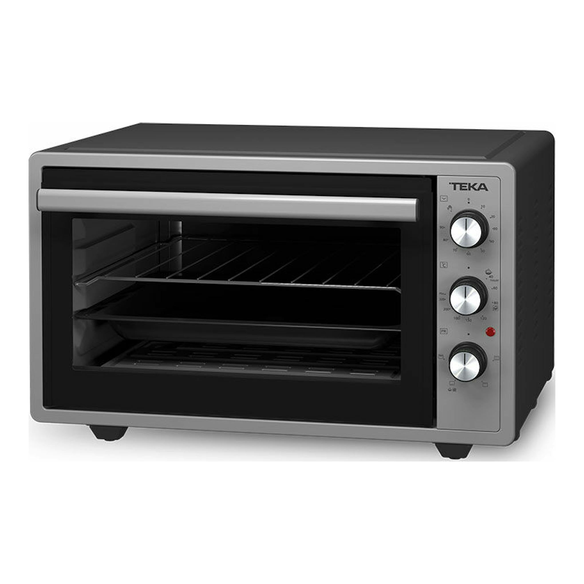 Minihorno Teka FSO424GR negro y gris, vista frontal en tres cuartos, con puerta de cristal y tres mandos.