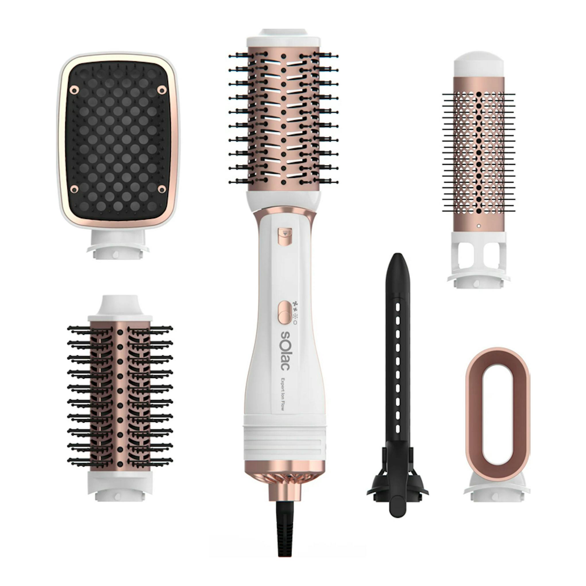 Moldeador Solac MD7405 Expert Ion Flow blanco y oro rosa, vista frontal con varios accesorios sobre fondo blanco.