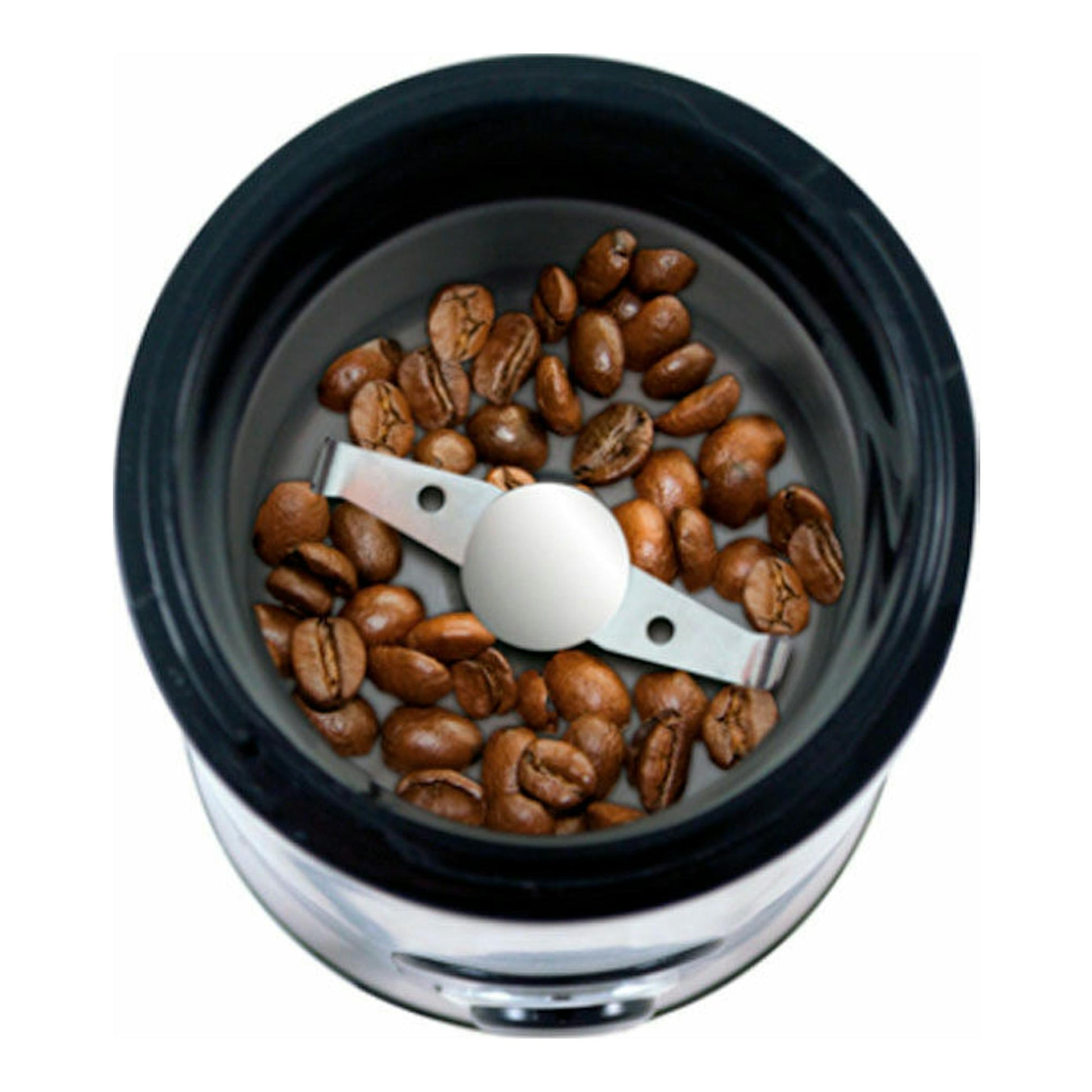 Vista superior de molinillo de café Taurus Aromatic negro con cuchillas y granos de café.