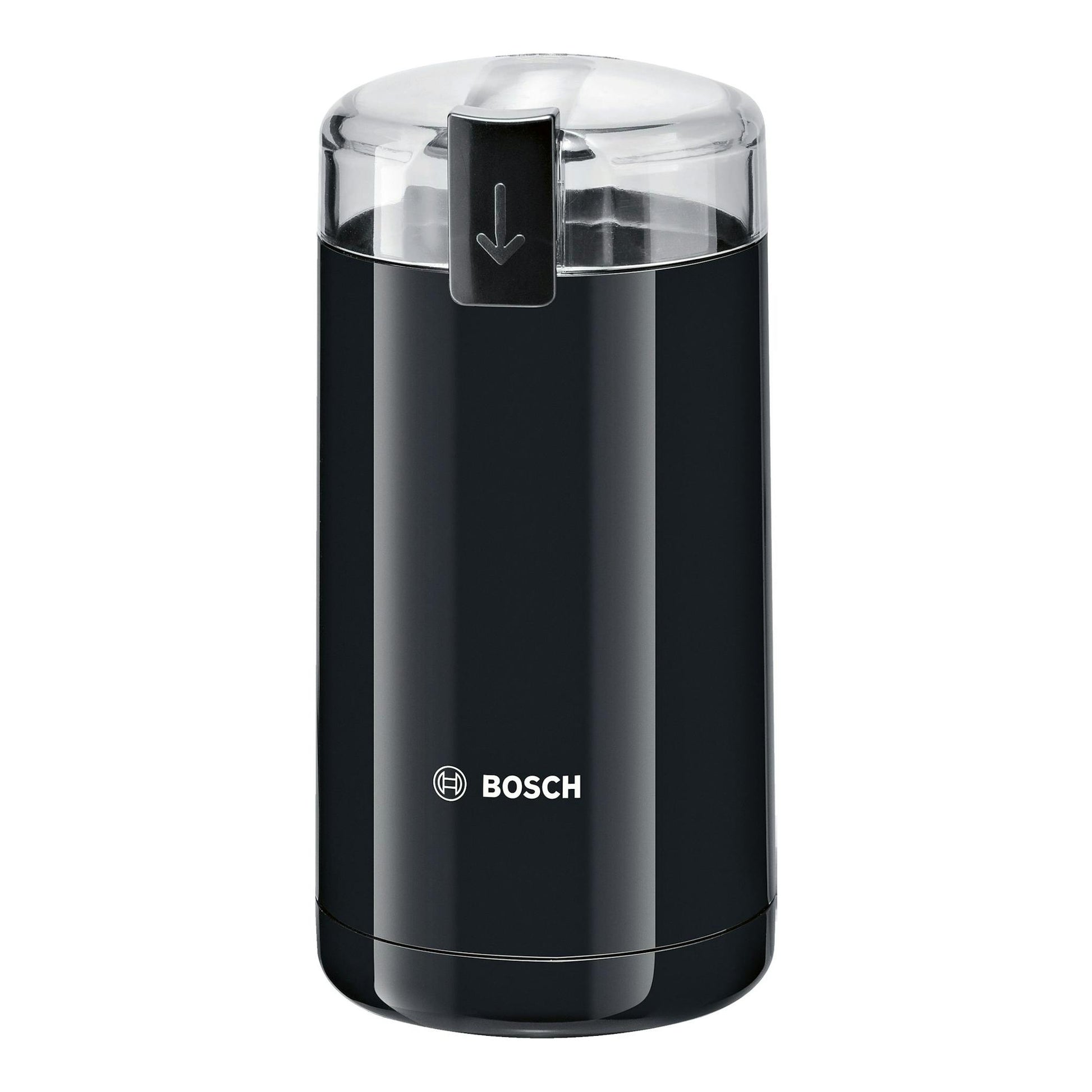 Molinillo de café Bosch TSM6A013B negro, vista frontal, con tapa transparente.