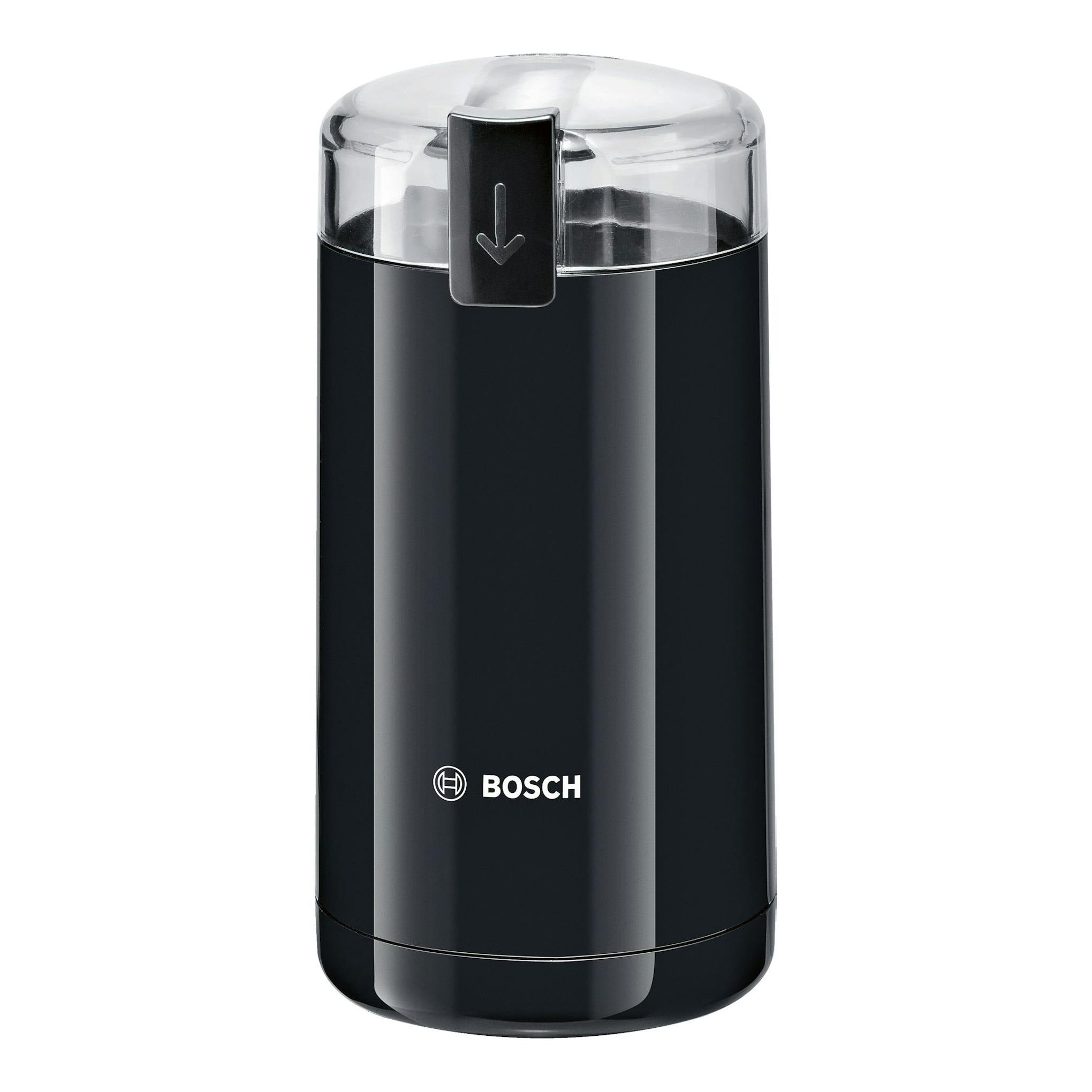 Molinillo de café Bosch TSM6A013B negro, vista frontal, con tapa transparente.