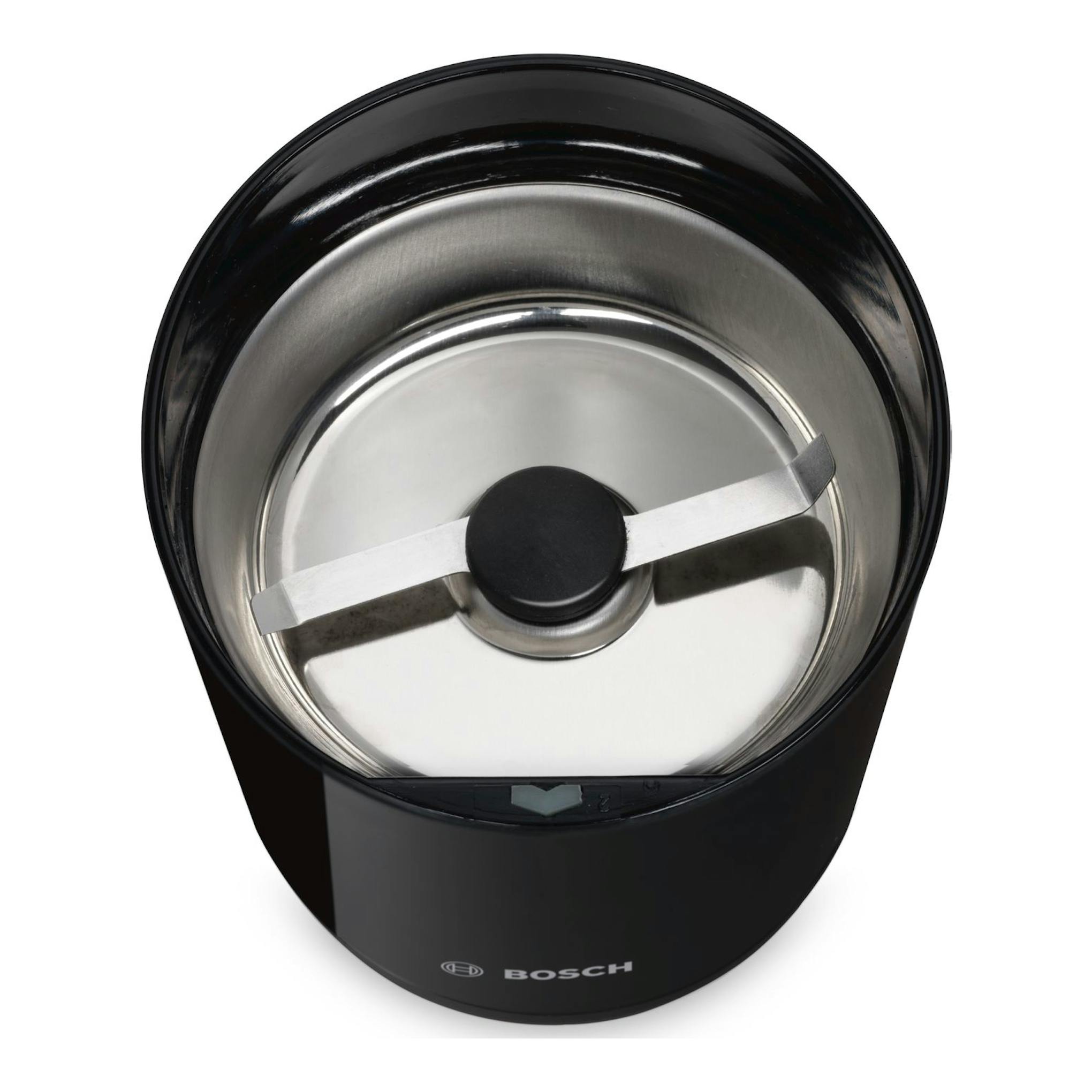 Molinillo de café Bosch TSM6A013B negro, vista superior, con interior metálico y cuchillas visibles.