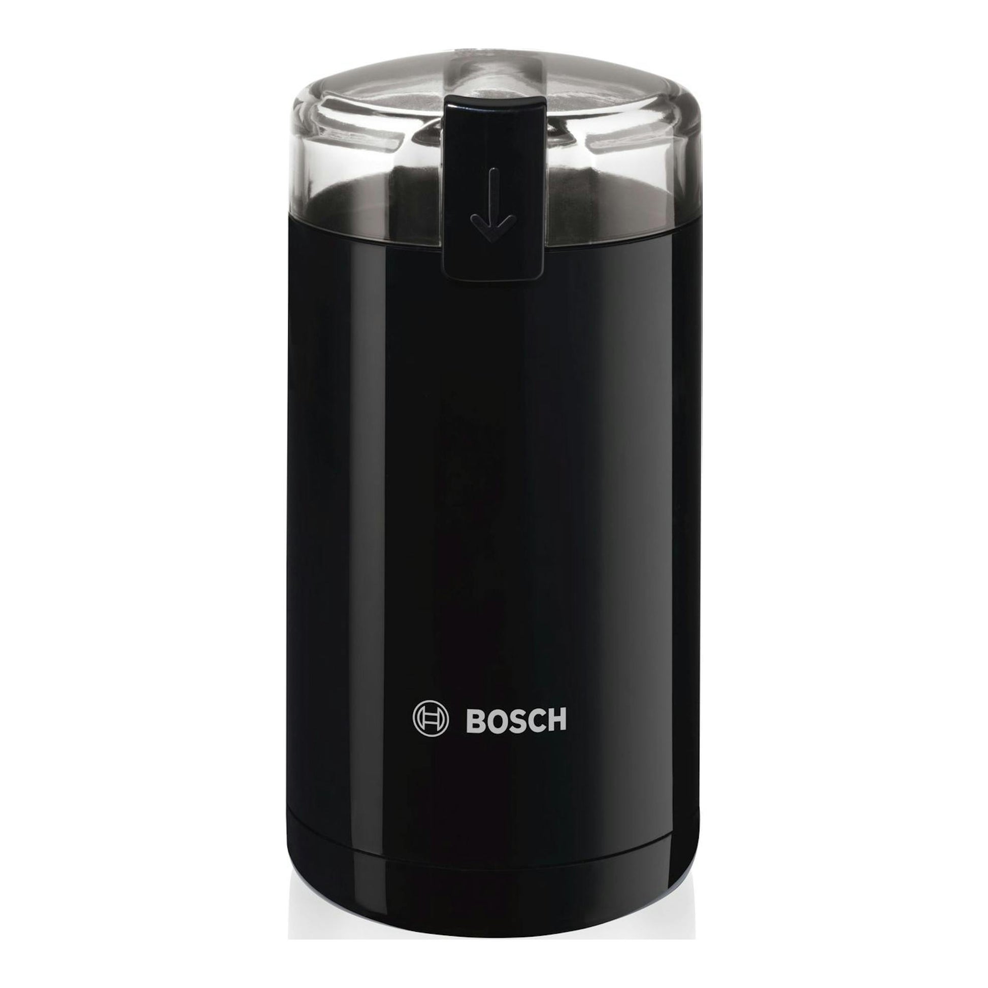 Molinillo de café Bosch TSM6A013B negro, vista frontal, con tapa transparente y botón superior.
