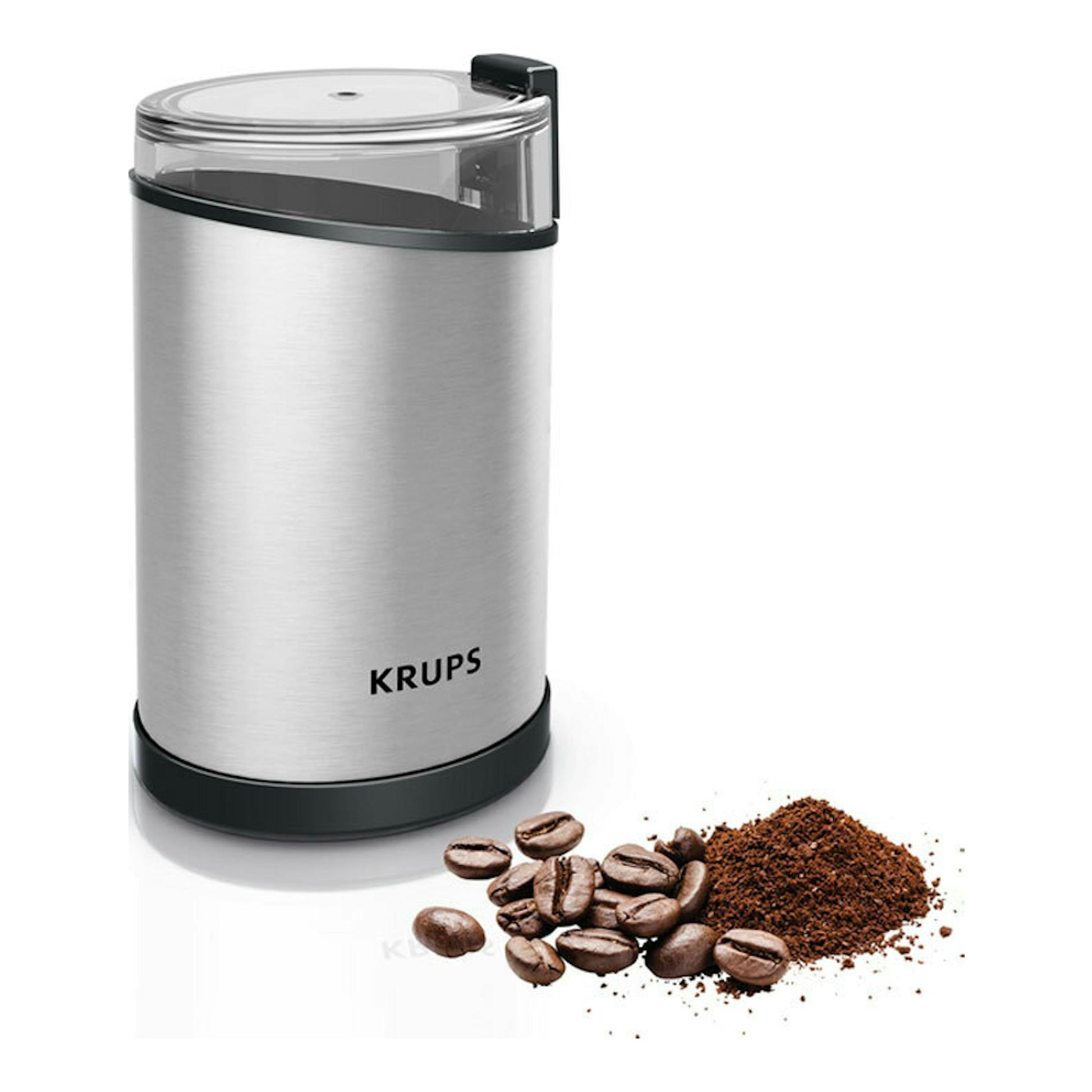 Molinillo de café Krups GX204D10, vista frontal, cuerpo plateado y tapa negra, con granos y café molido.