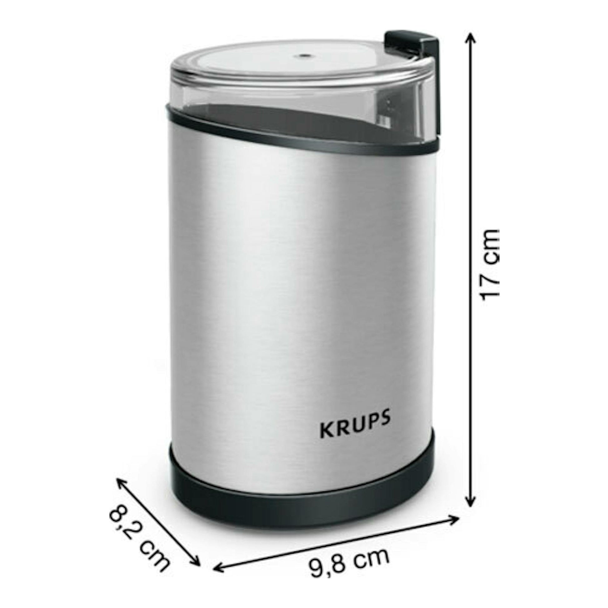 Molinillo de café Krups GX204D10, color plata y negro, vista frontal, con medidas 17 x 9,8 x 8,2 cm.