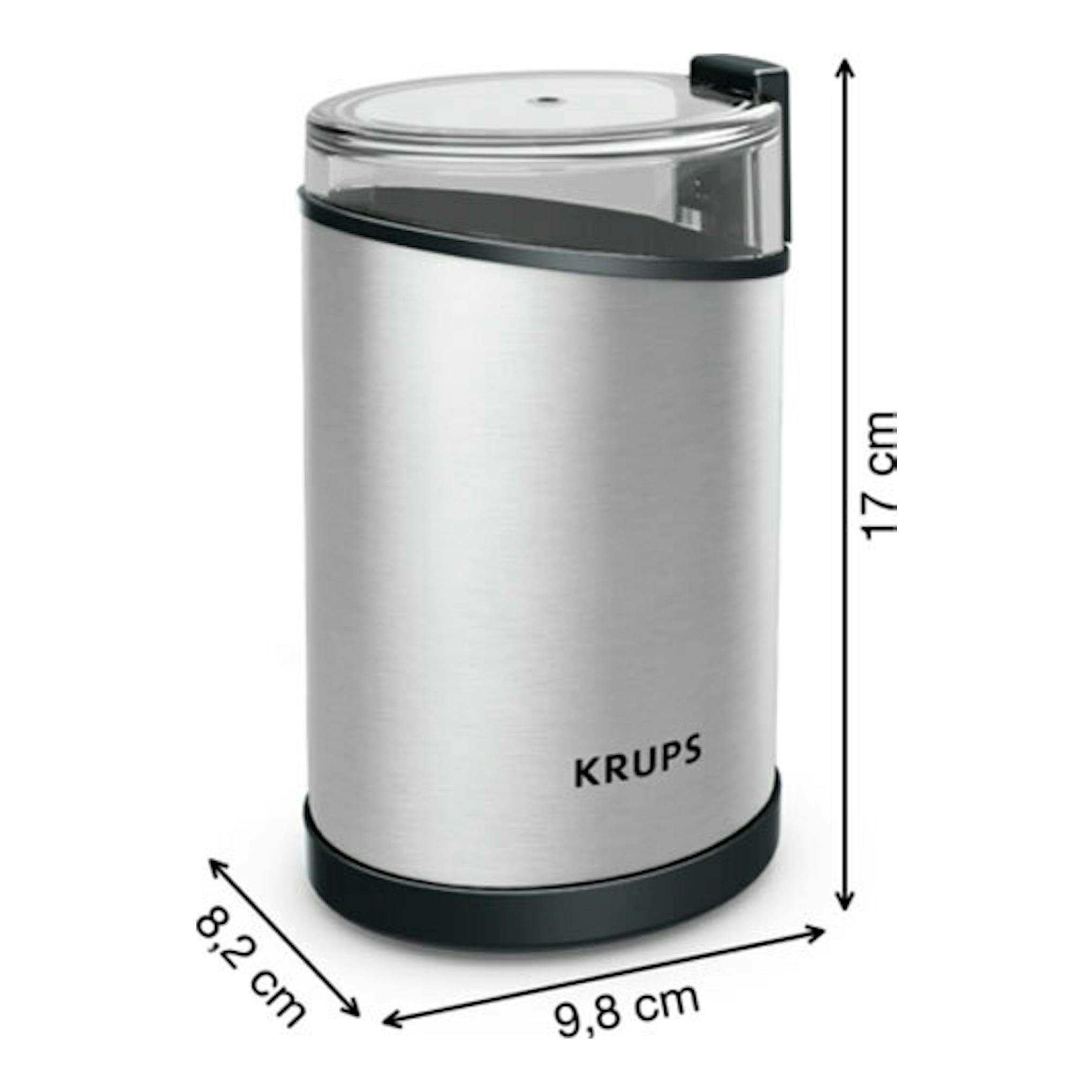 Molinillo de café Krups GX204D10, color plata y negro, vista frontal, con medidas 17 x 9,8 x 8,2 cm.