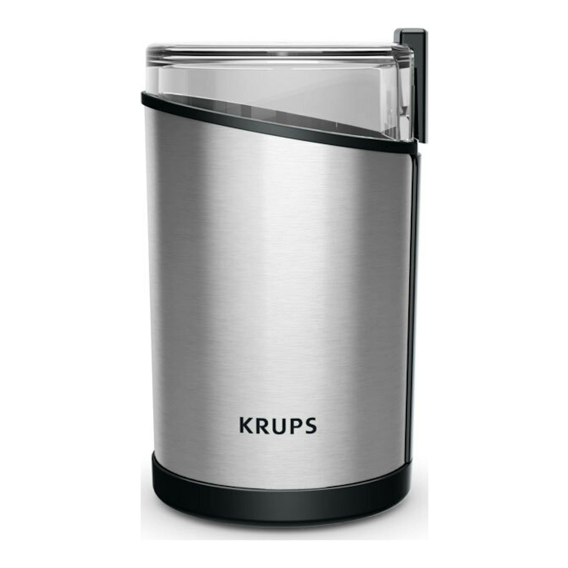 Molinillo de café Krups GX204D10, vista frontal, acabado acero inoxidable y negro.
