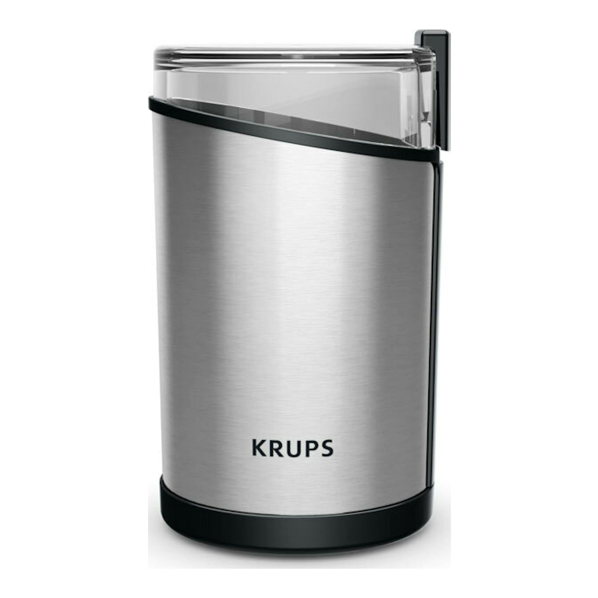 Molinillo de café Krups GX204D10, vista frontal, acabado acero inoxidable y negro.