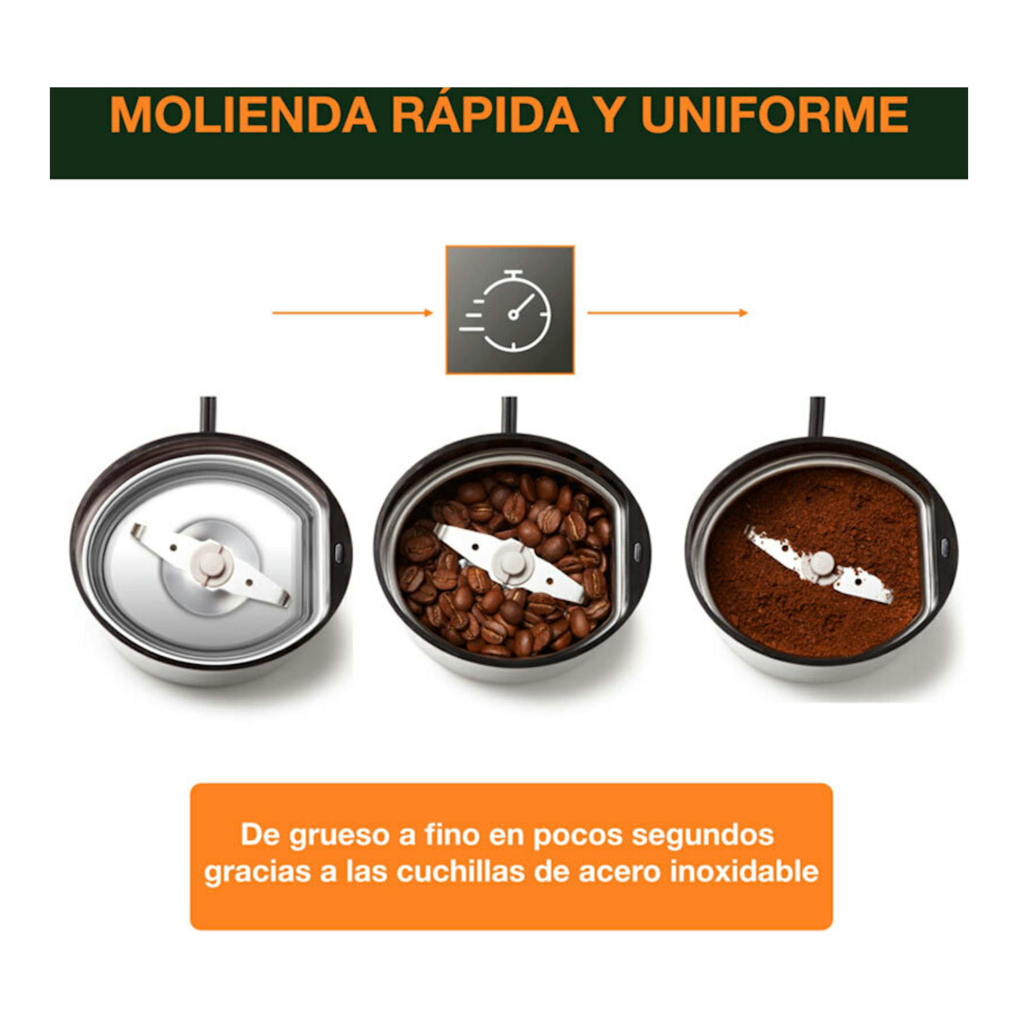 Krups GX204D10, vista superior del molinillo con cuchillas, con café en grano y molido en tres etapas.