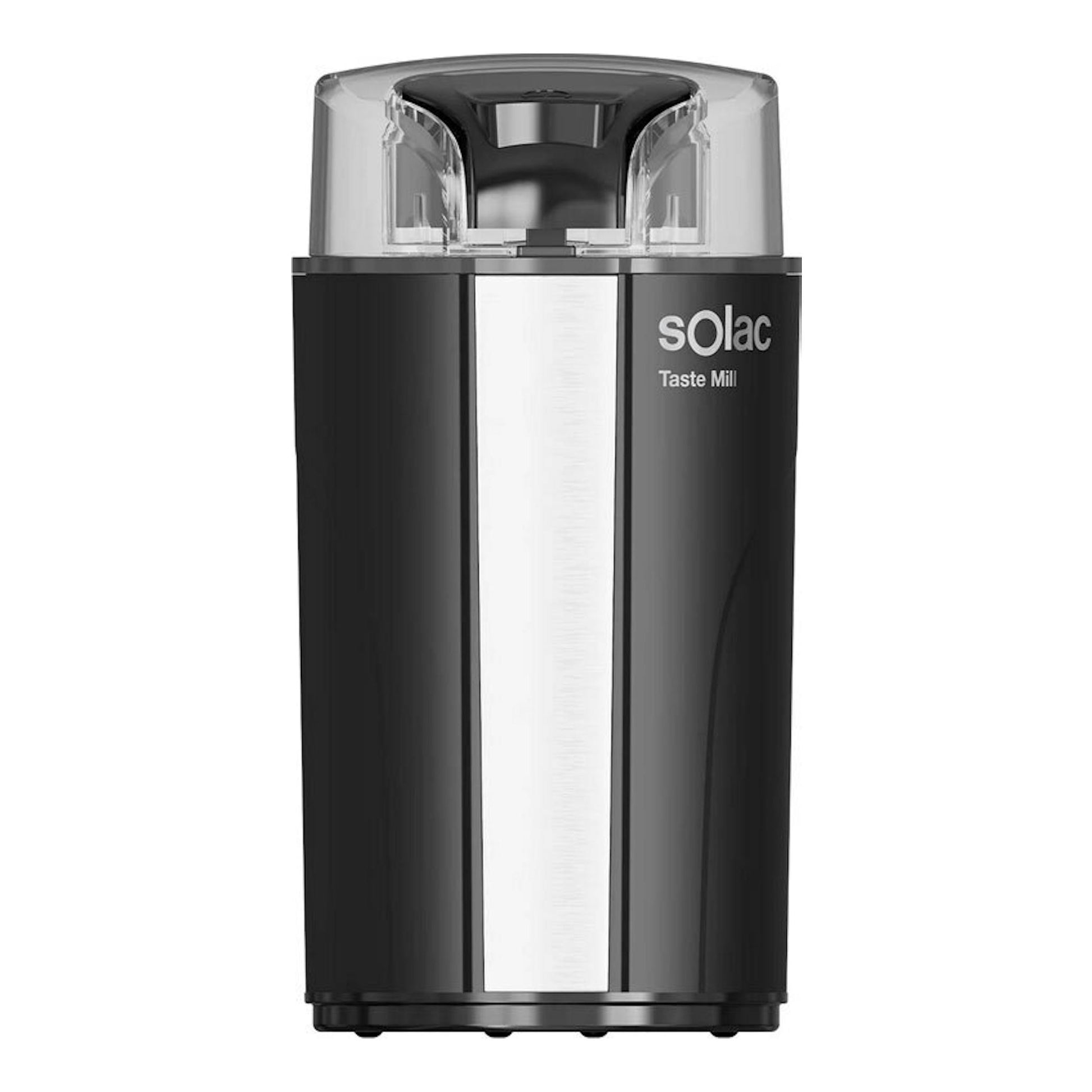 Molinillo Solac MC6252, vista frontal, negro, con tapa transparente y franja plateada.