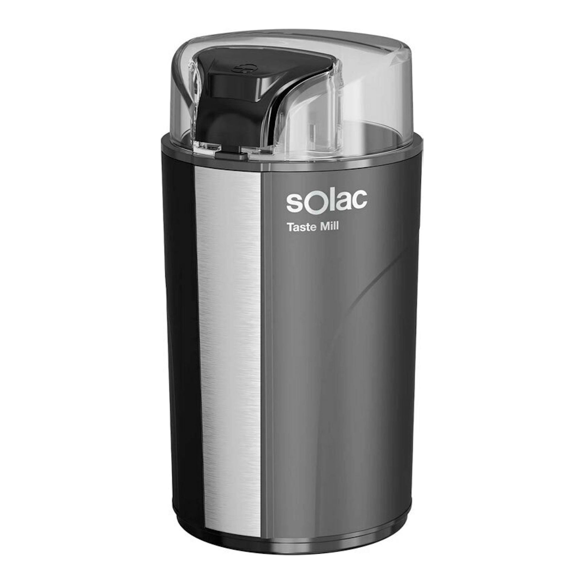 Molinillo Solac MC6252 negro y gris, vista frontal, con tapa transparente.