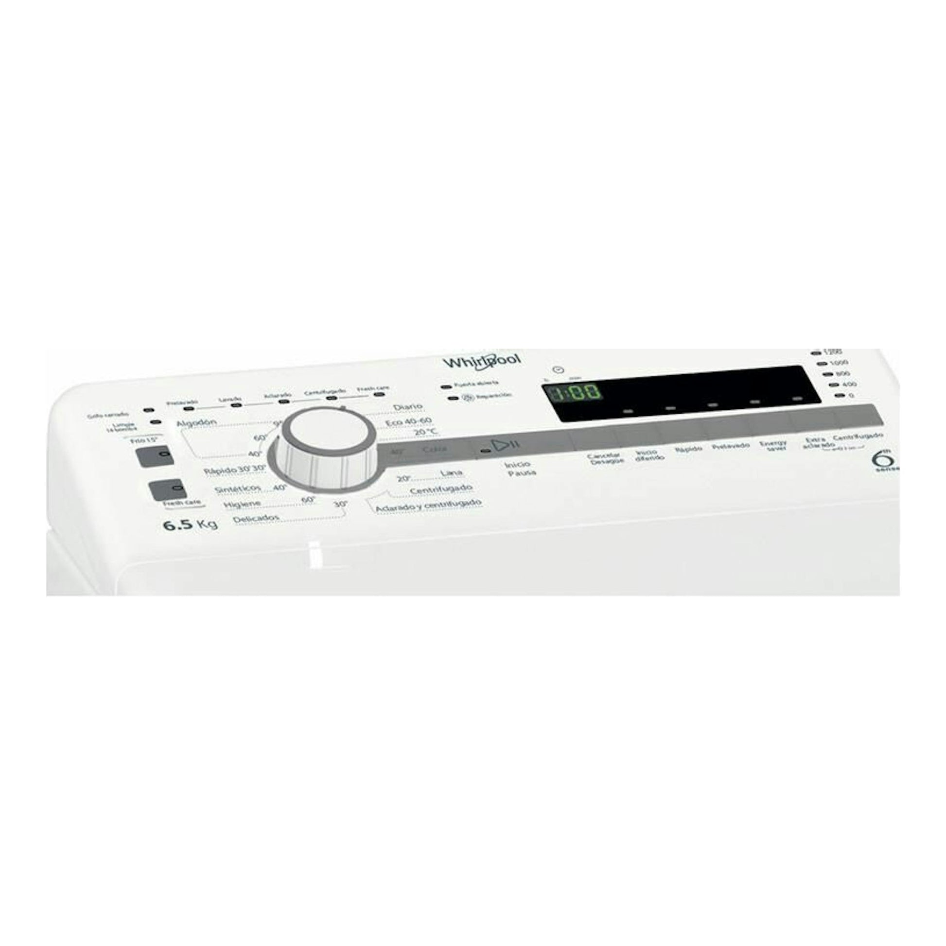 Lavadora Whirlpool TDLR65230SSSP/N blanca, vista superior del panel de control con selector y display digital.