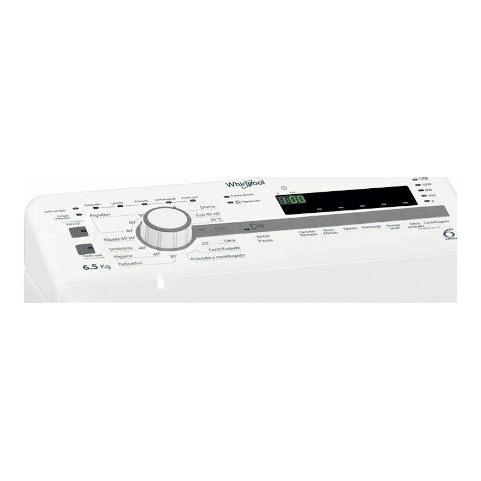 Lavadora Whirlpool TDLR65230SSSP/N blanca, vista superior del panel de control con selector y display digital.