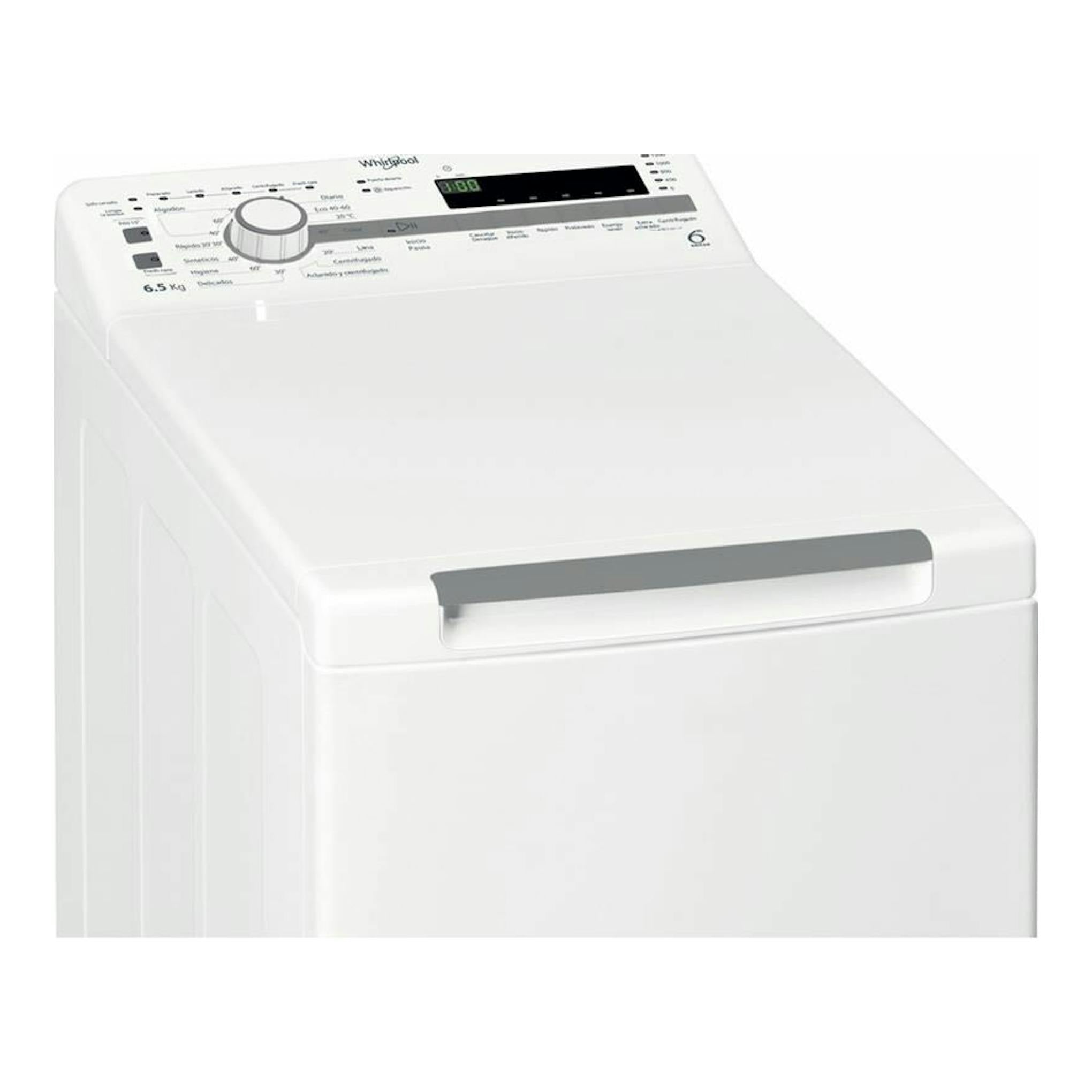 Lavadora Whirlpool TDLR65230SSSP/N blanca, de carga superior, vista en ángulo con panel digital superior.
