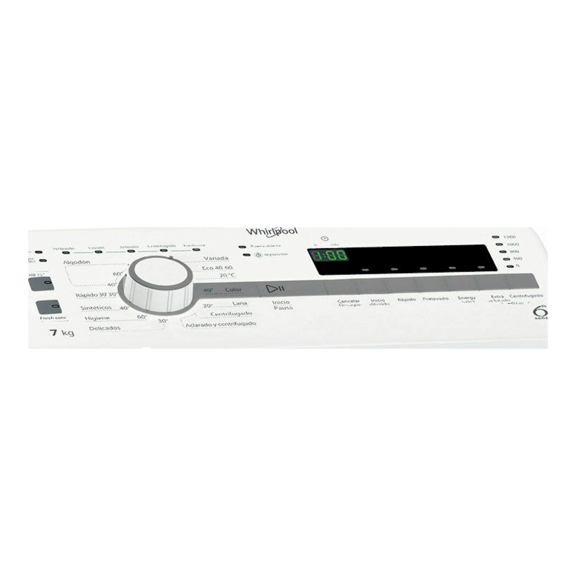 Panel de control de lavadora Whirlpool TDLR7220SSSP/N blanca, vista superior inclinada, 7 kg