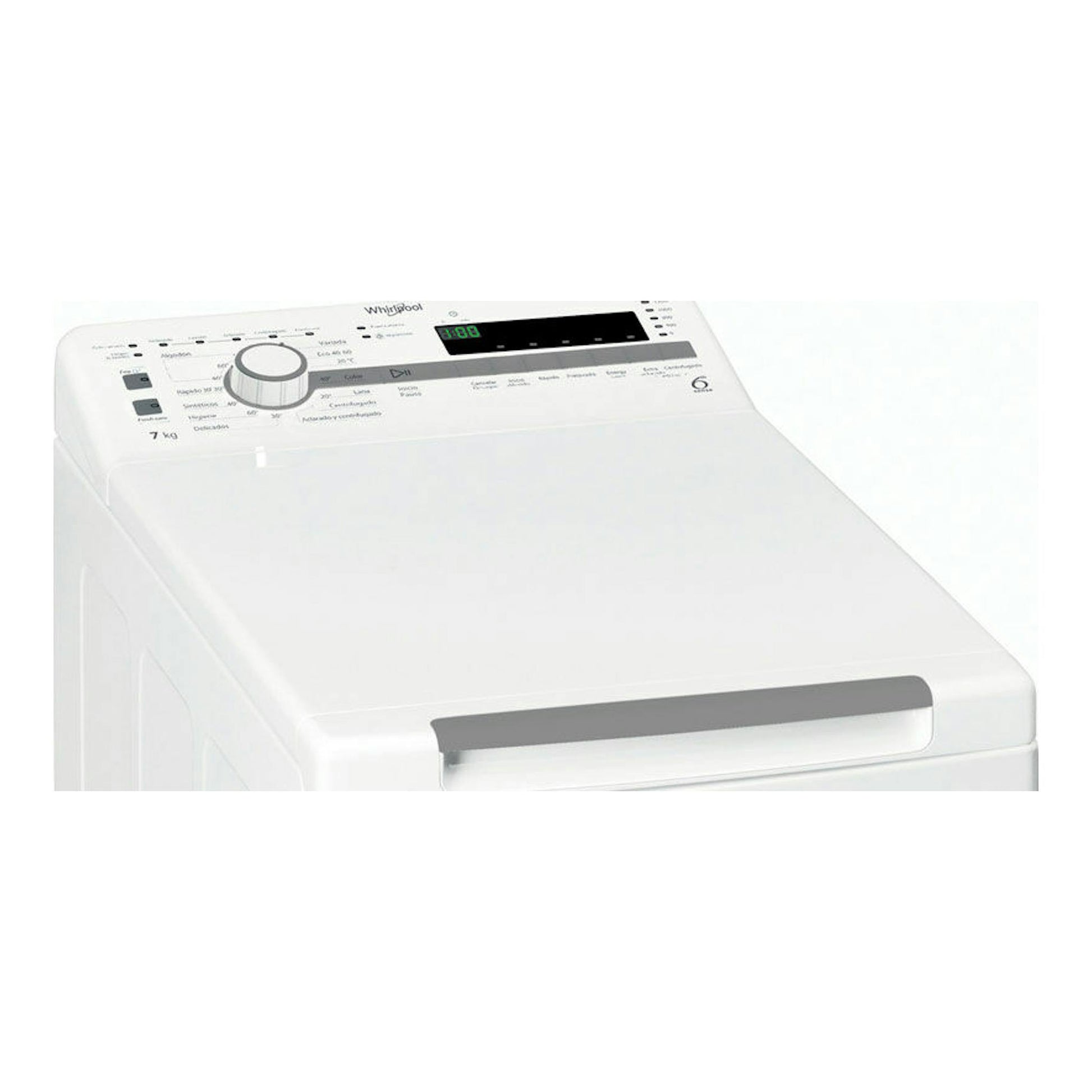 Lavadora de carga superior Whirlpool TDLR7220SSSP/N blanca, vista en ángulo superior.