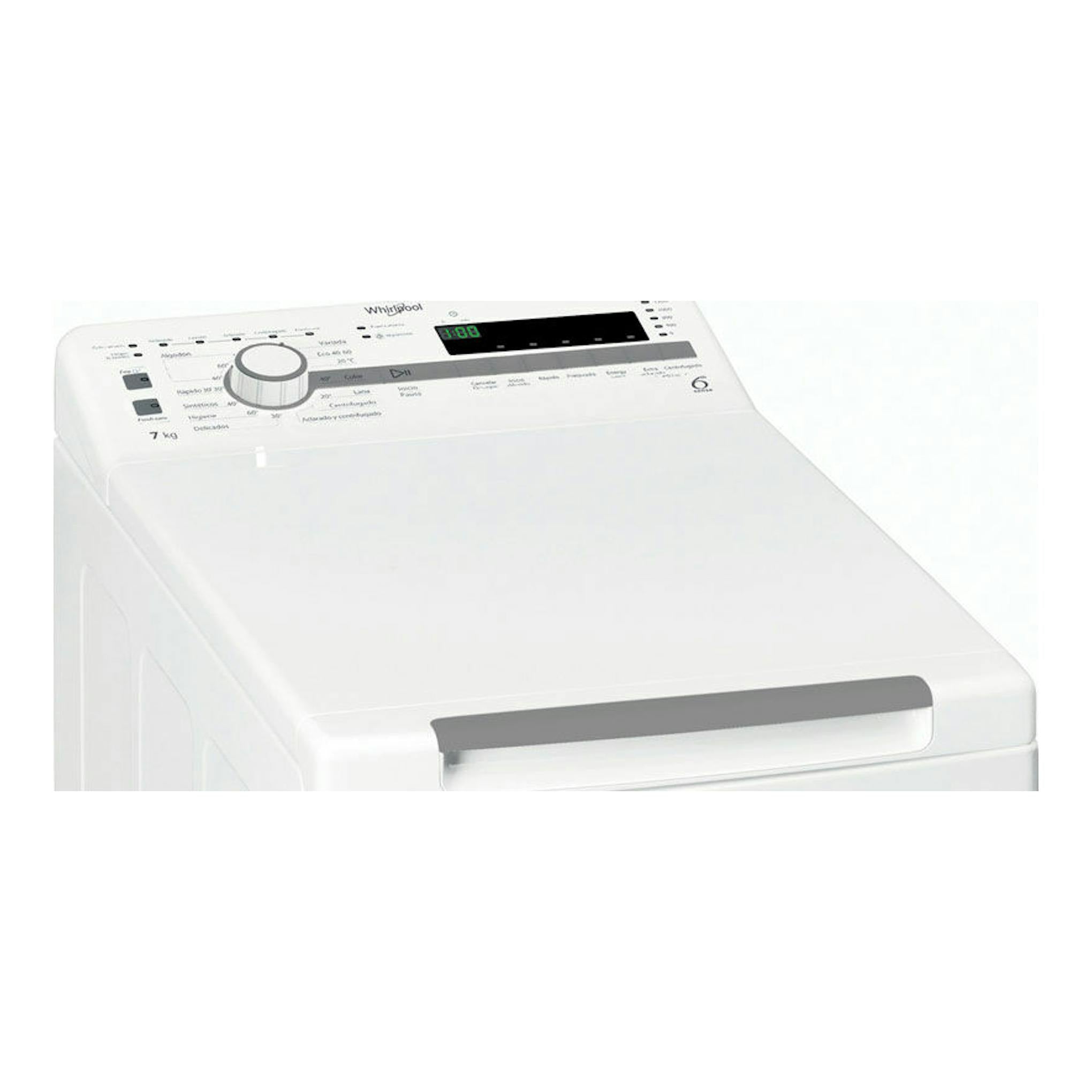Lavadora de carga superior Whirlpool TDLR7220SSSP/N blanca, vista en ángulo superior.