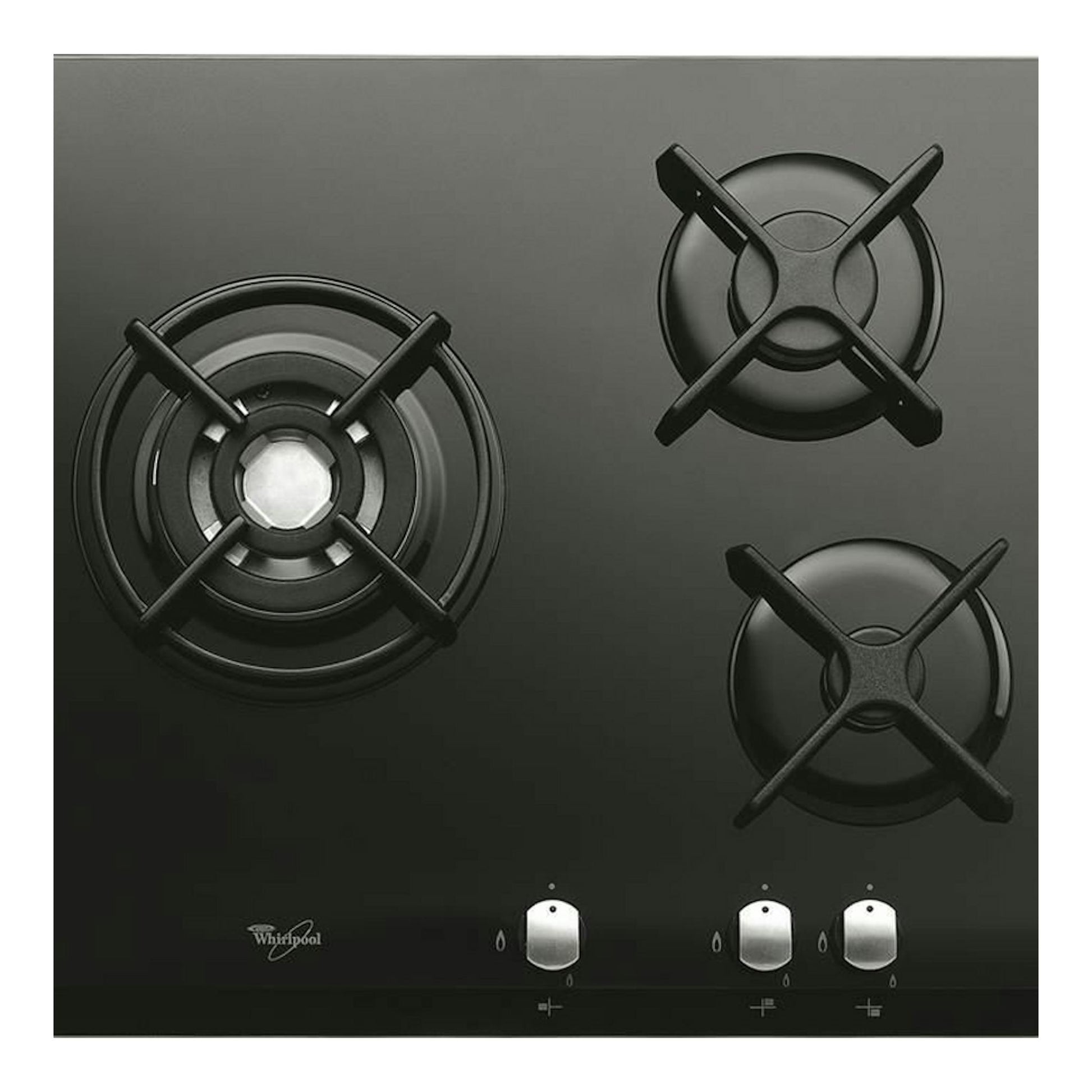 Placa de cristal negra Whirlpool AKT404/NB, vista frontal, con tres quemadores y mandos plateados.