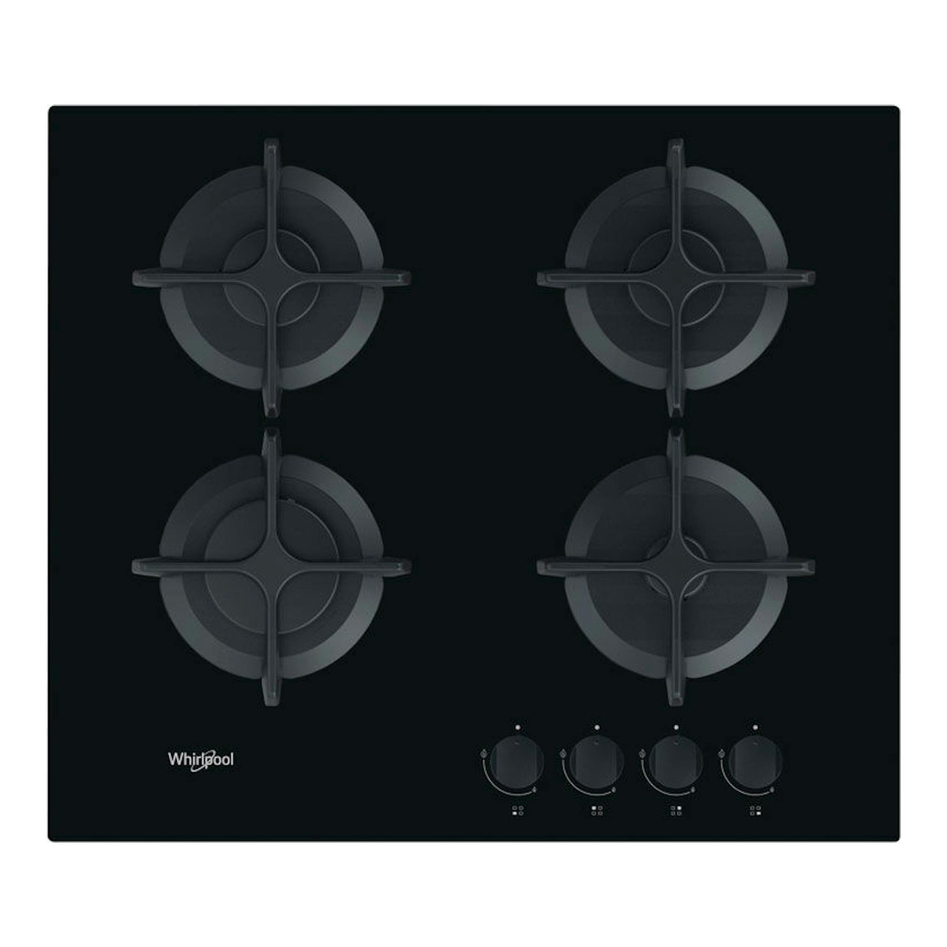 Placa de cristal Whirlpool GOB616/NB negra, vista superior, con 4 fuegos y mandos frontales.
