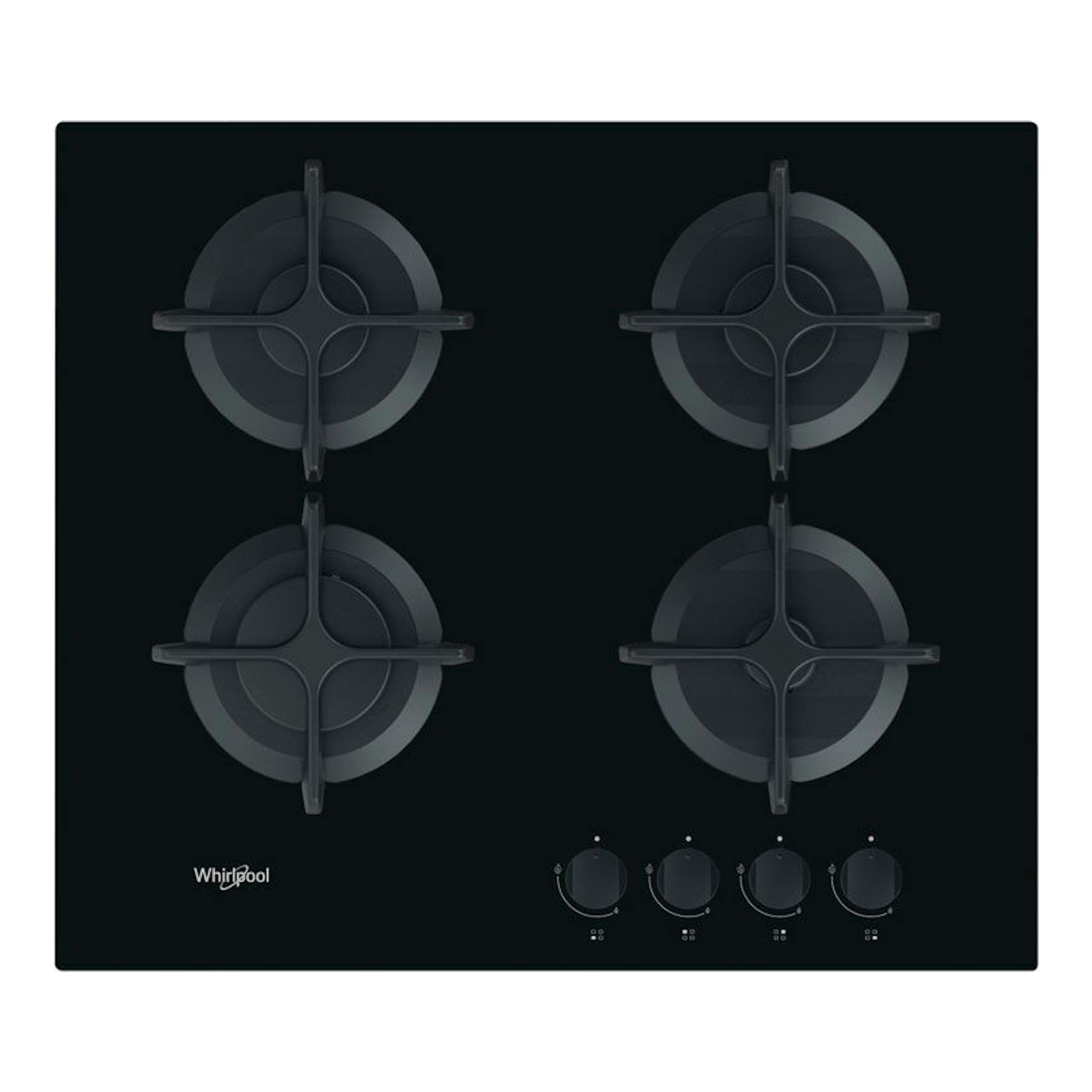 Placa de cristal Whirlpool GOB616/NB negra, vista superior, con 4 fuegos y mandos frontales.