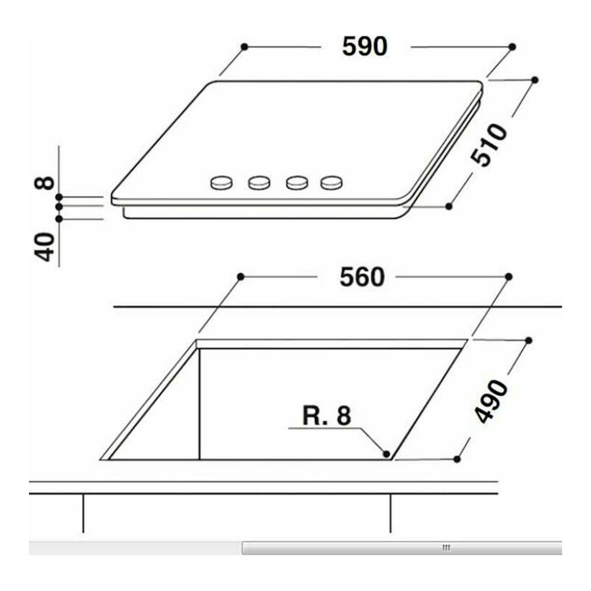 Dibujo técnico de placa de cristal Whirlpool AKT404/NB, vistas superior y lateral, medidas 590x510 y hueco 560x490.