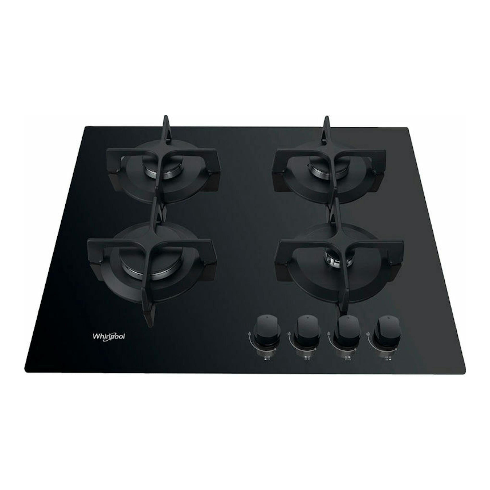 Placa de cristal negra Whirlpool GOB616/NB, vista frontal en ángulo, con 4 quemadores y 4 mandos.