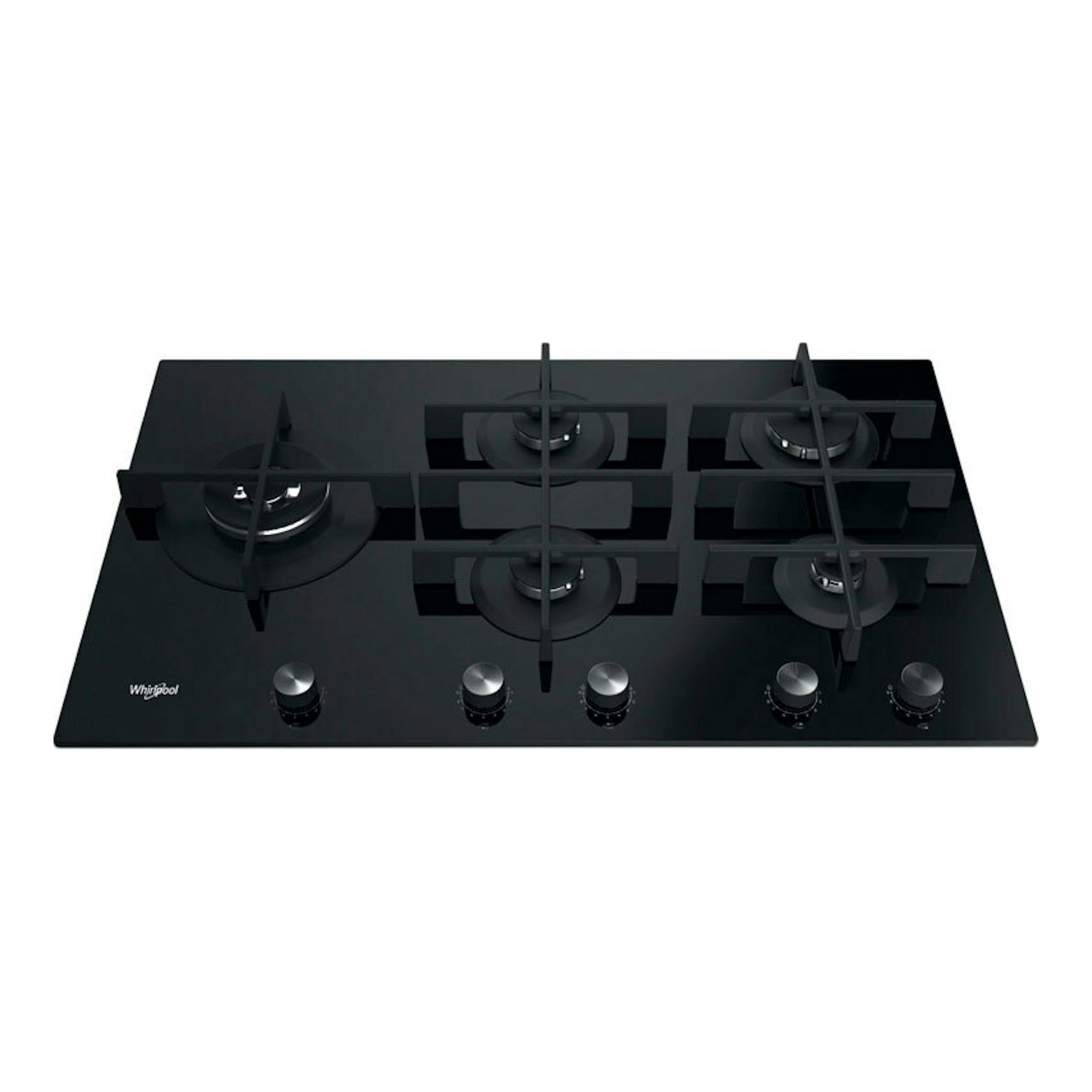 Placa de gas Whirlpool GOWL928/NB negra, vista frontal inclinada, con 5 quemadores y mandos delanteros.
