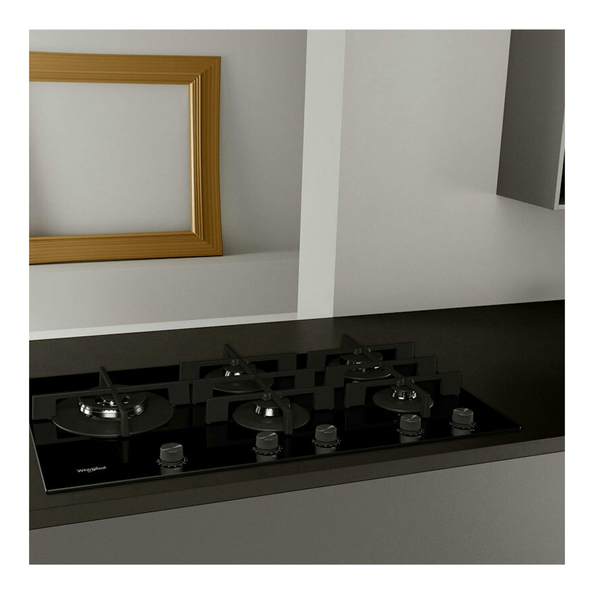 Placa de gas Whirlpool GOWL928/NB negra de 86 cm, vista en perspectiva con cinco quemadores.