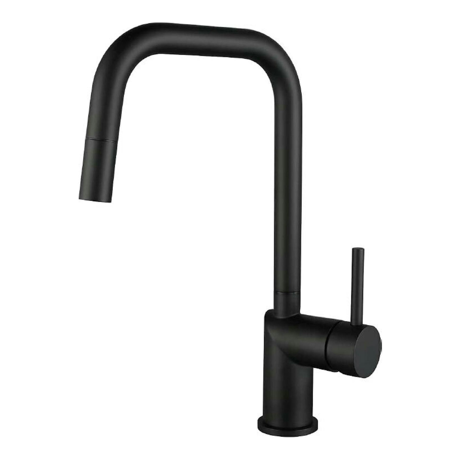 Grifo Poalgi GCE039/NG negro mate, vista frontal en ángulo, con caño alto curvo y palanca lateral.