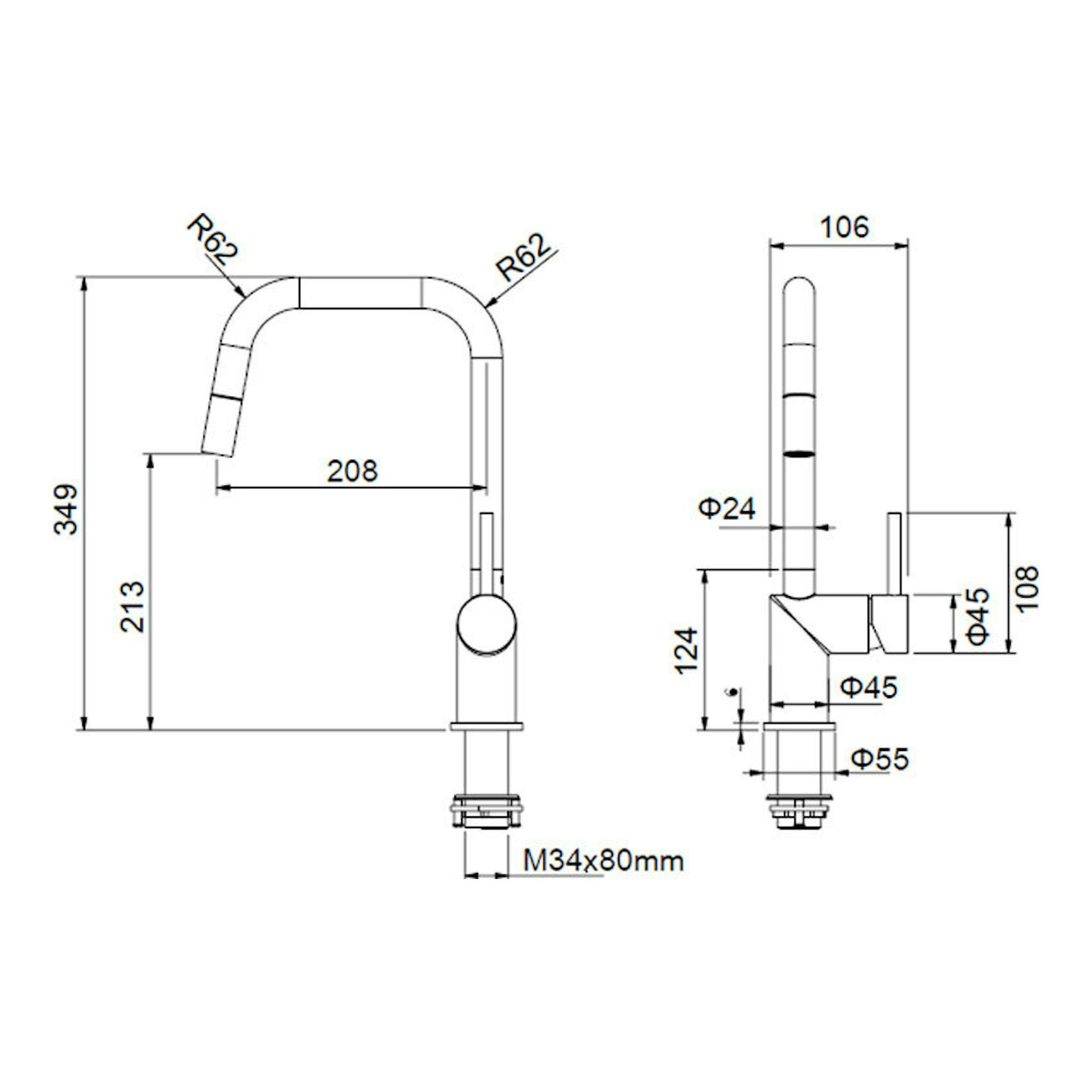 Esquema técnico del grifo Poalgi GCE039/NG negro mate, vista frontal y lateral con medidas.
