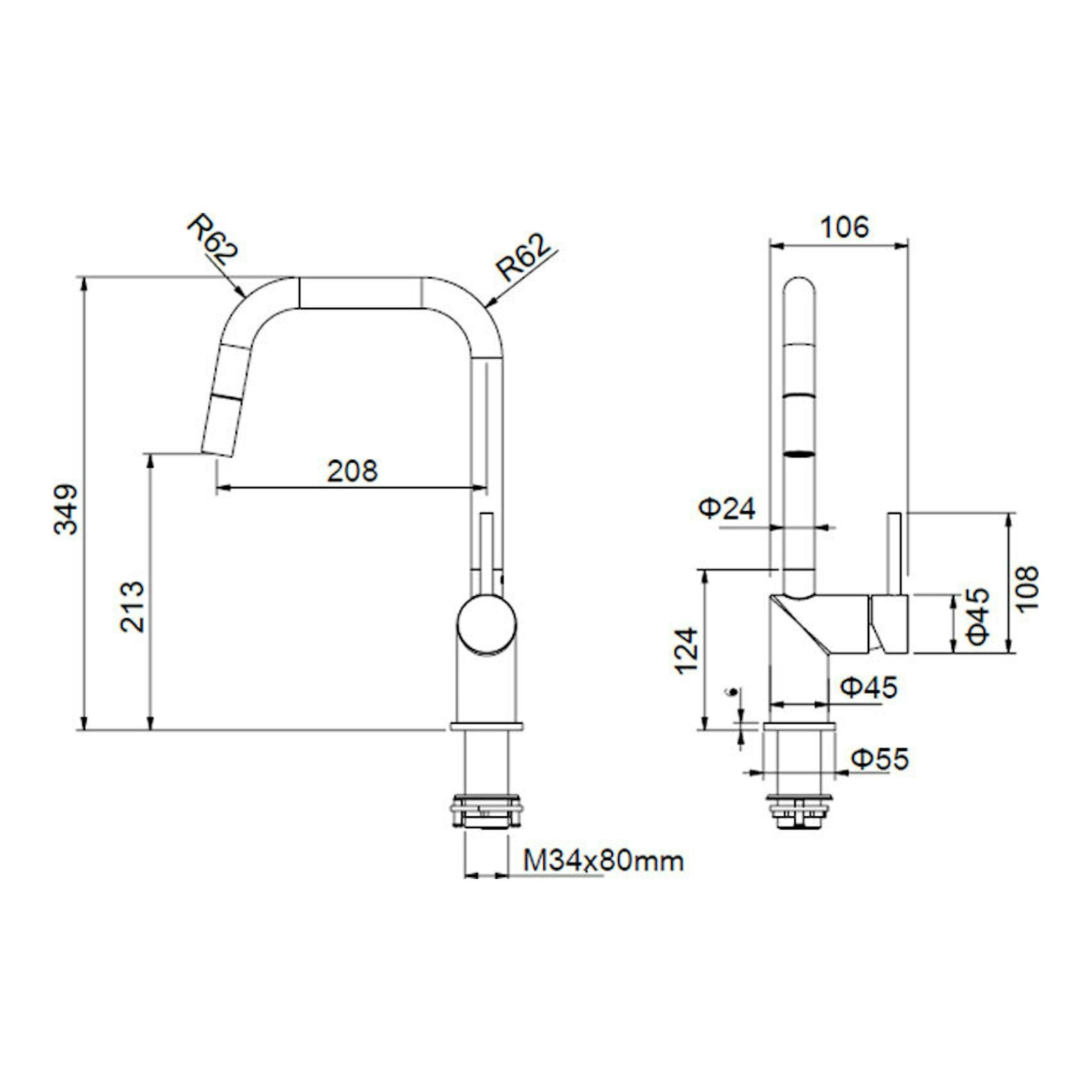 Esquema técnico del grifo Poalgi GCE039/NG negro mate, vista frontal y lateral con medidas.